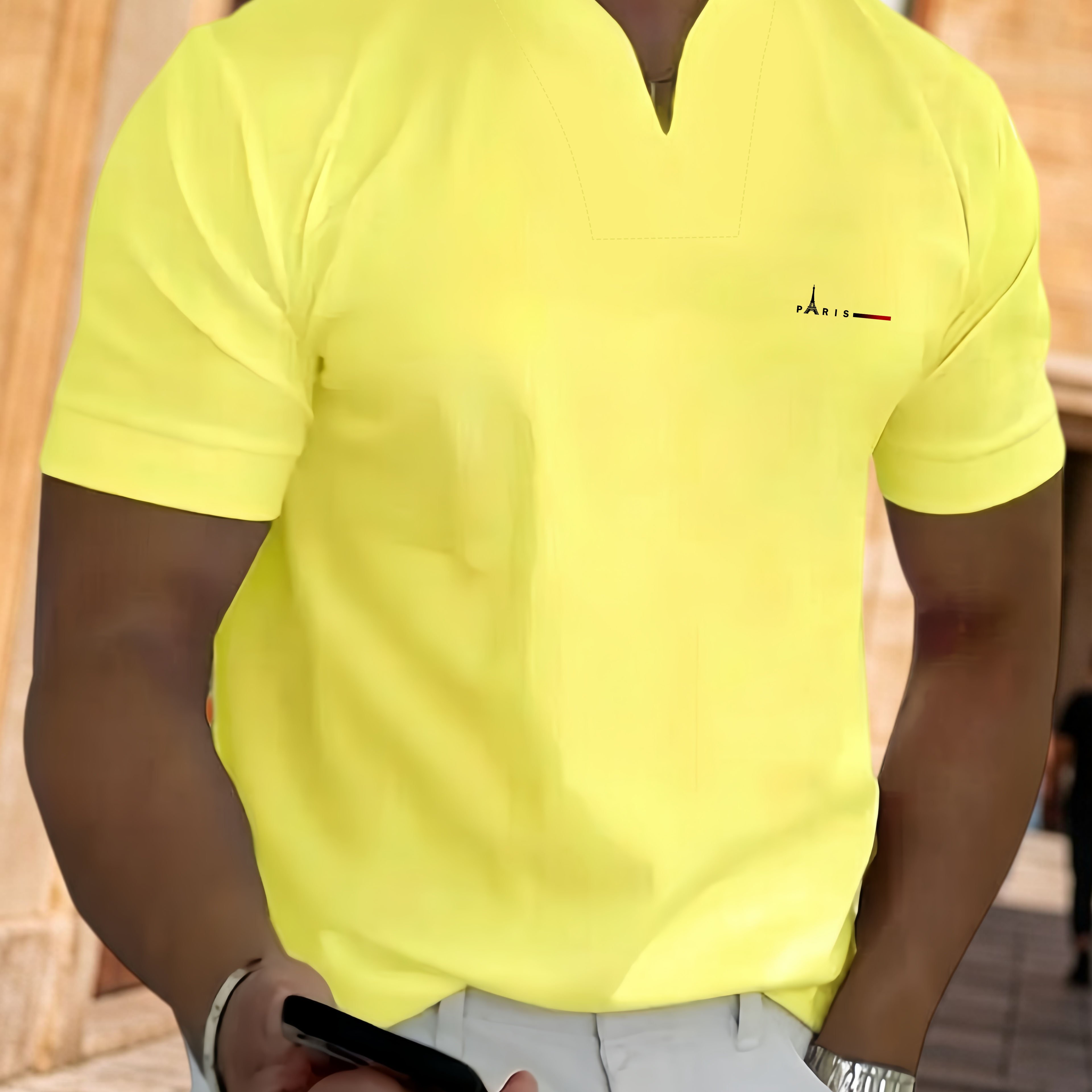 TEMU Men's Lightweight V-neck T-shirt - Soft Breathable Short Sleeve Casual Tee For Party Business Casual & Daily Wear With Elements For Eiffel Tower