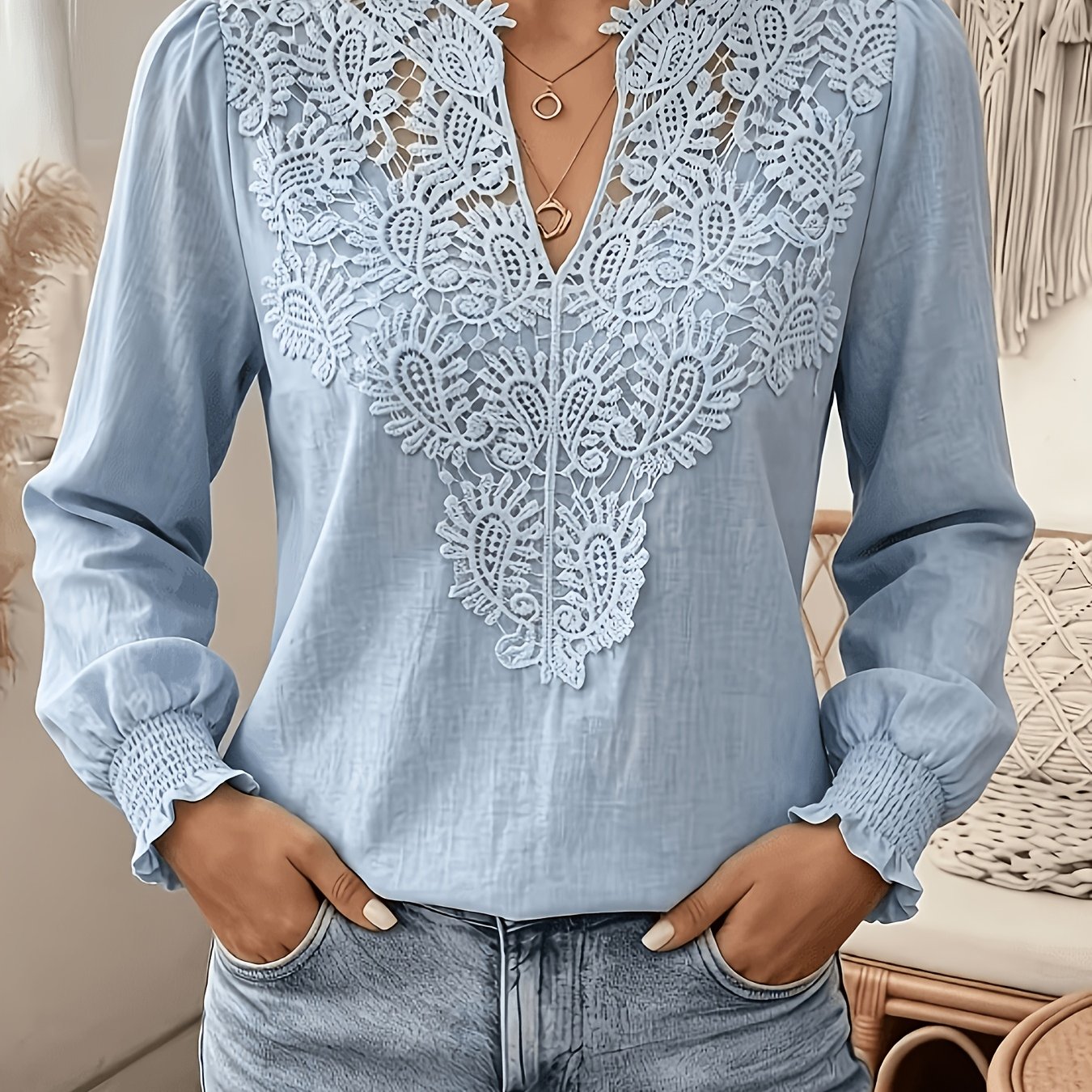 TEMU Women's Elegant Lace Hollow V-neck Shirt, Lantern Sleeve Top, Long Sleeve Casual Commuter Multi-functional Blouse