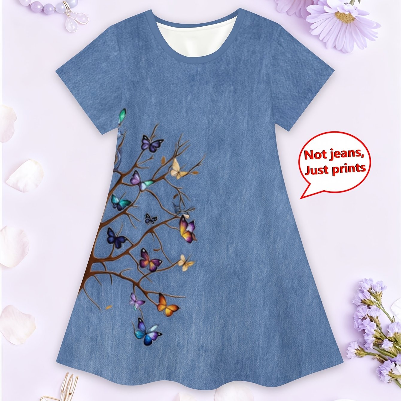 TEMU Summer 3d Printed Pattern Denim Short-sleeve Dress For Girls, Short-sleeve Round-neck Casual Loose Dress, Vintage Cute Dress