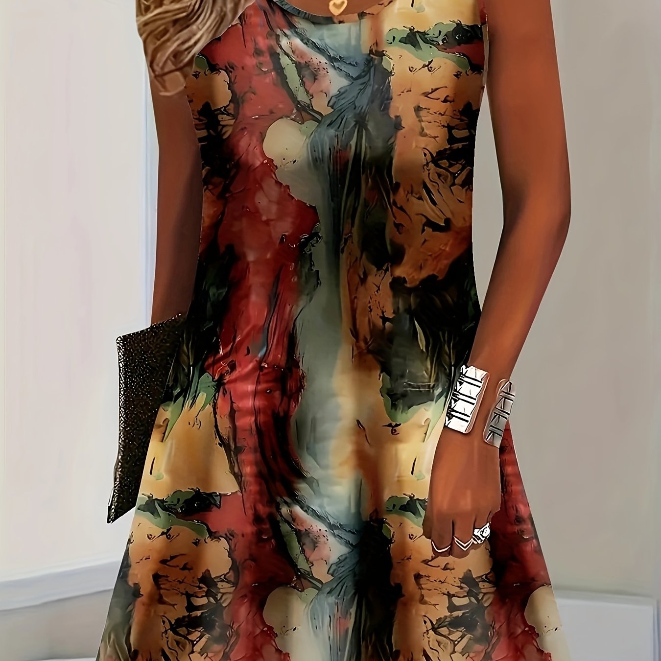 Image of Women's Sleeveless Abstract Geometric Print Dress - Fitted Top & Flowy Skirt, Vibrant Colors, Machine Washable Lightweight Casual Dress For Spring Summer Fall, Seasonal Fashion, , Flowy Skirt Design