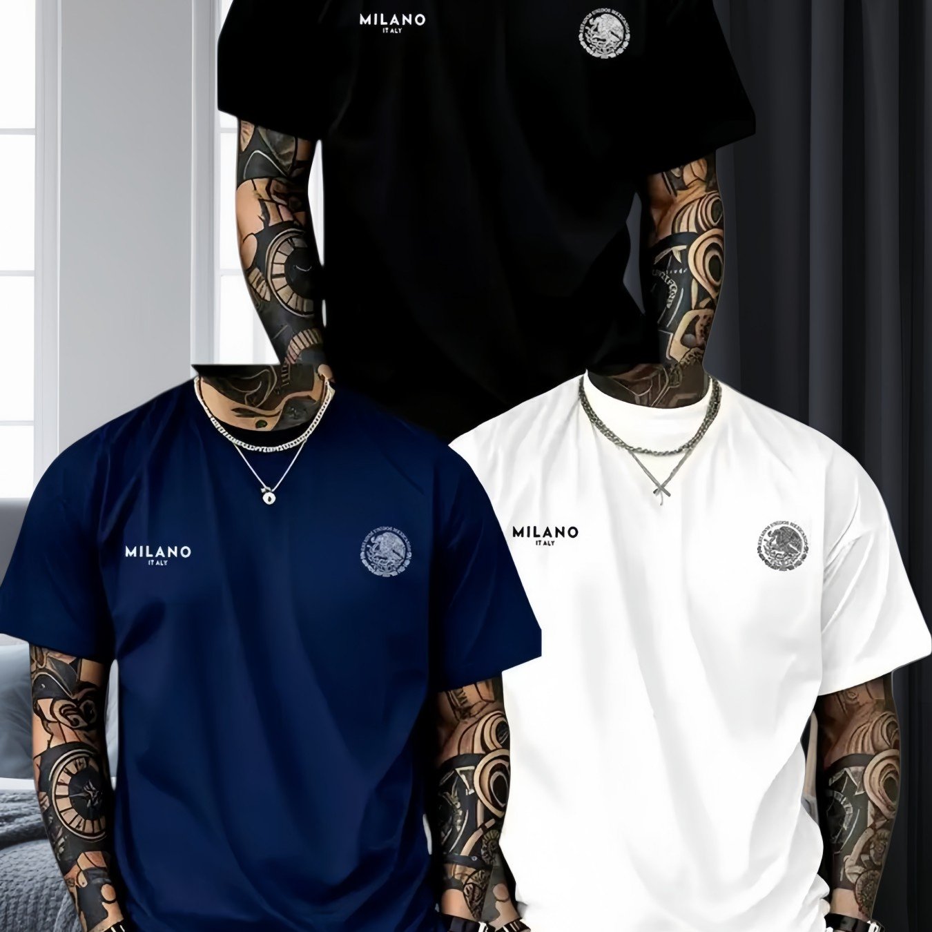 TEMU Men's Fashion Round Neck 3pcs Set, Classic Tri-color With Multi-functional Loose Design And "" English Pattern Print, Suitable For Daily Commute