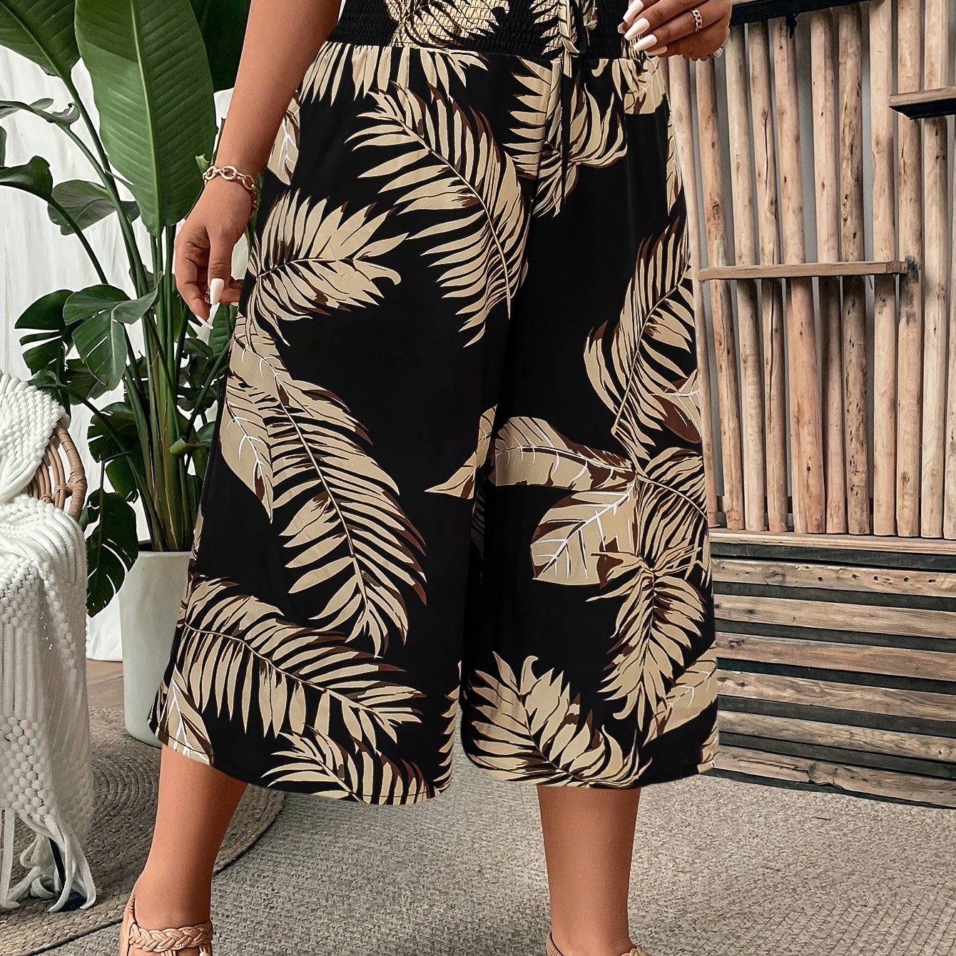 TEMU Plus Size, Plus-size Women's Tropical Plant Print Wide-leg Pants