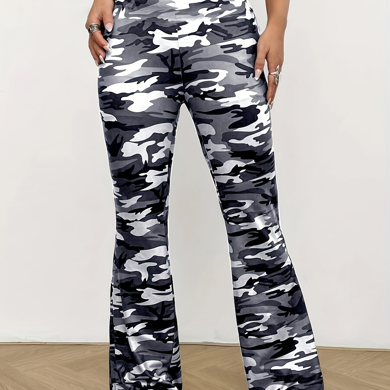 Directional Women's Long Pants, Camouflage Print Flared Pants