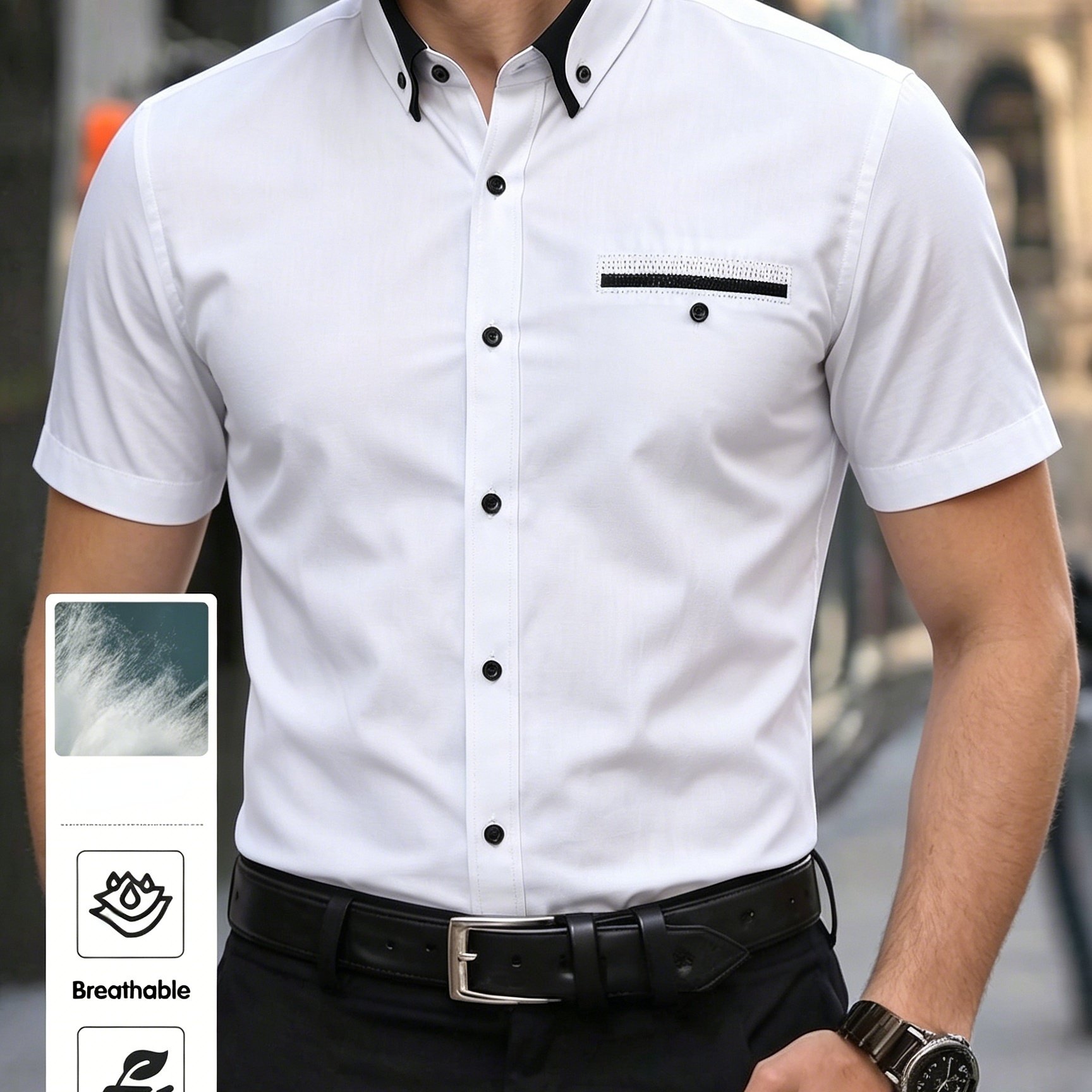 TEMU Men's Short Sleeve Shirt, Double-layer Folded Collar Design, On Chest, Suitable For Casual And Business Formal Wear