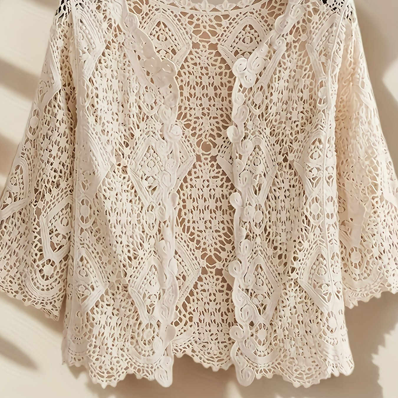 TEMU Plus Size, A Bohemian-style Lace Cardigan For Plus-size Women, Featuring Hollow-out Embroidery, Half-sleeve, V-neck, And Solid Color. An Elegant