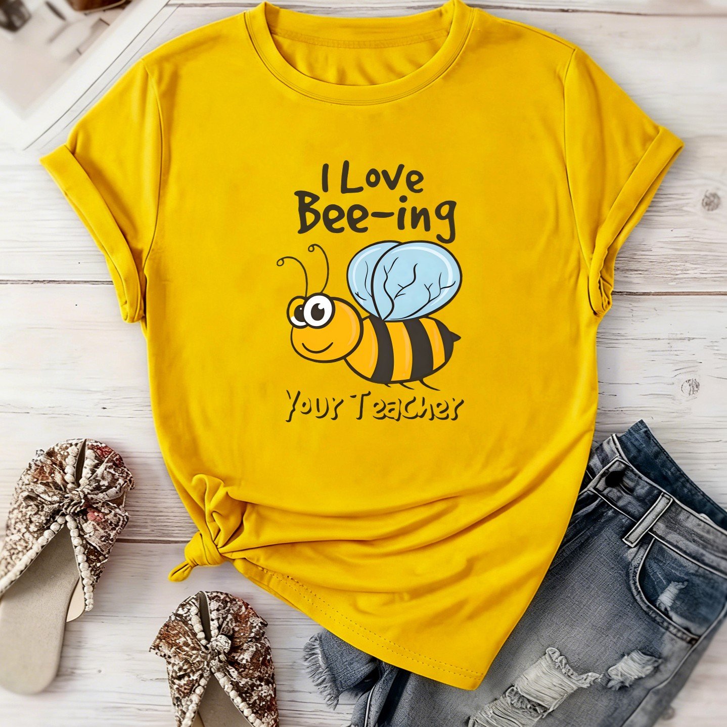 TEMU Women's Print T-shirt - "i Love Beeing" Short Sleeve Blouse-compatible Top | Spring Summer Casual Elegant Round Neck Shirt Suitable For Travel,