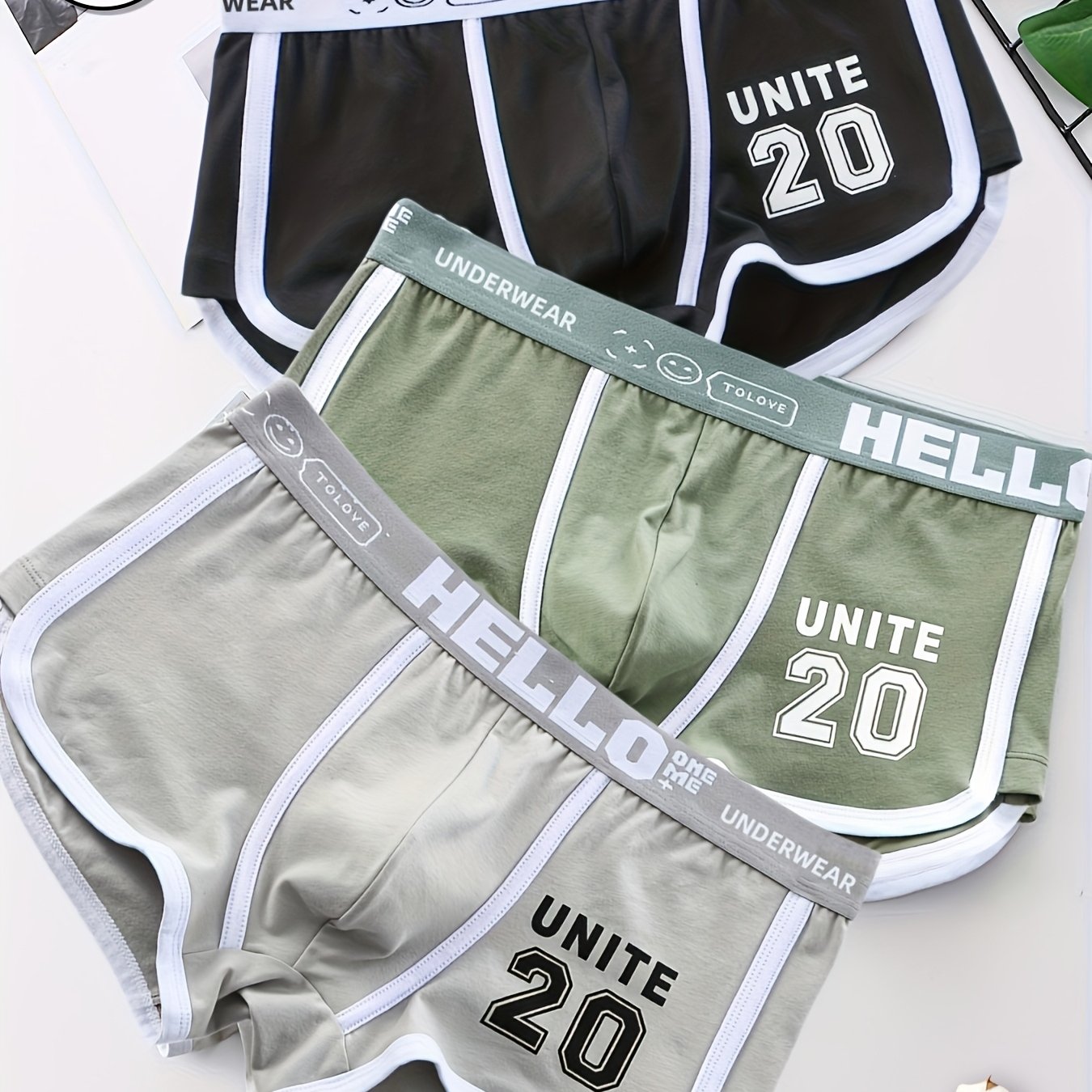 3-pack Men's Boxer Briefs | Medium Stretch, Contrast Binding, Solid Color With Print Design, Casual Wear - Huopaoshou