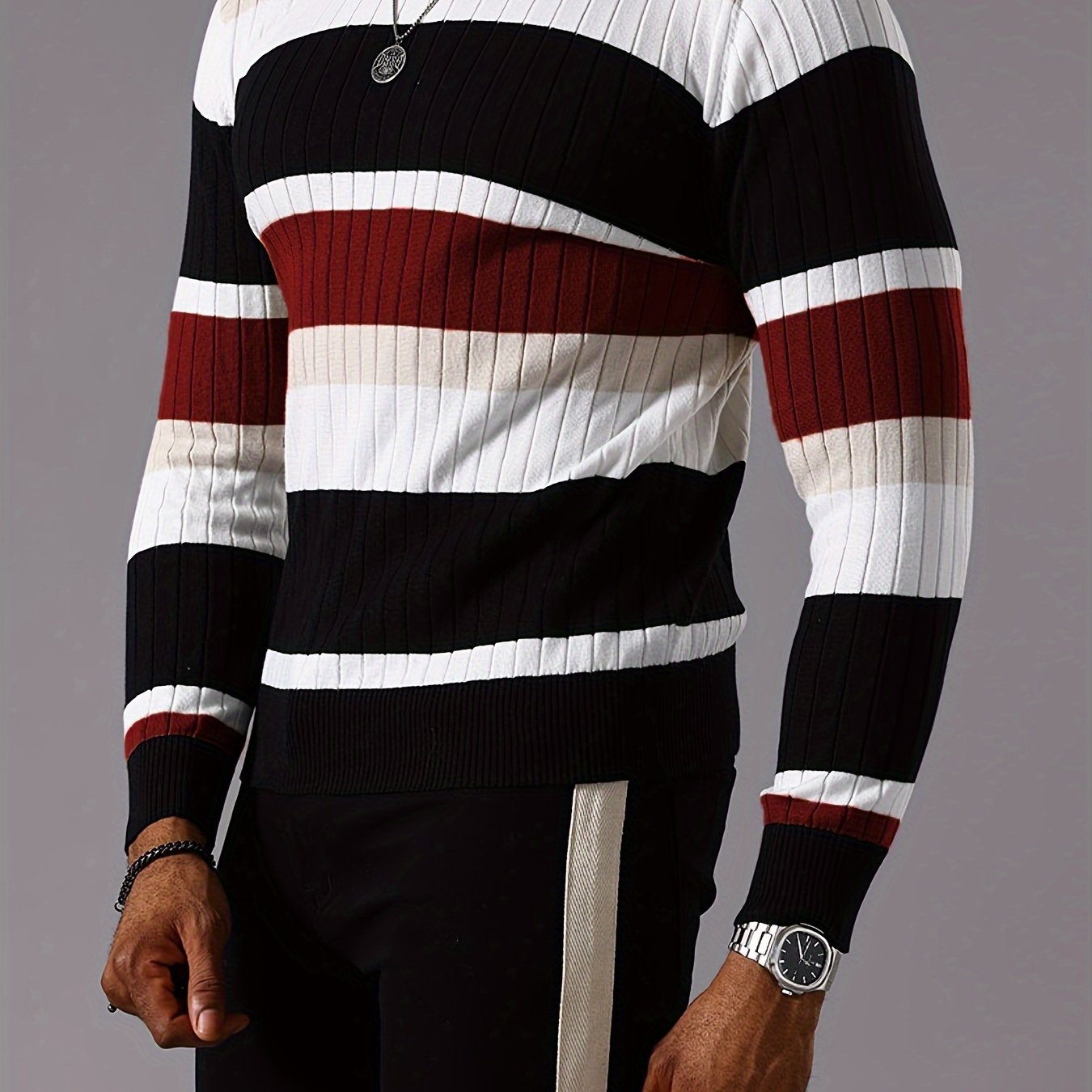 Striped Color- Round-neck Long-sleeve Ribbed Pullover Knit Sweater