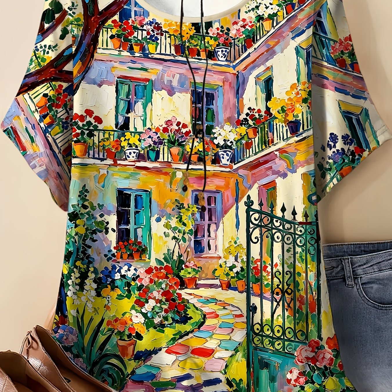 TEMU Summer Women's Plus Size Round Neck Short Sleeve T-shirt Colorful Courtyard Oil Painting Landscape Pattern Print Individual Top