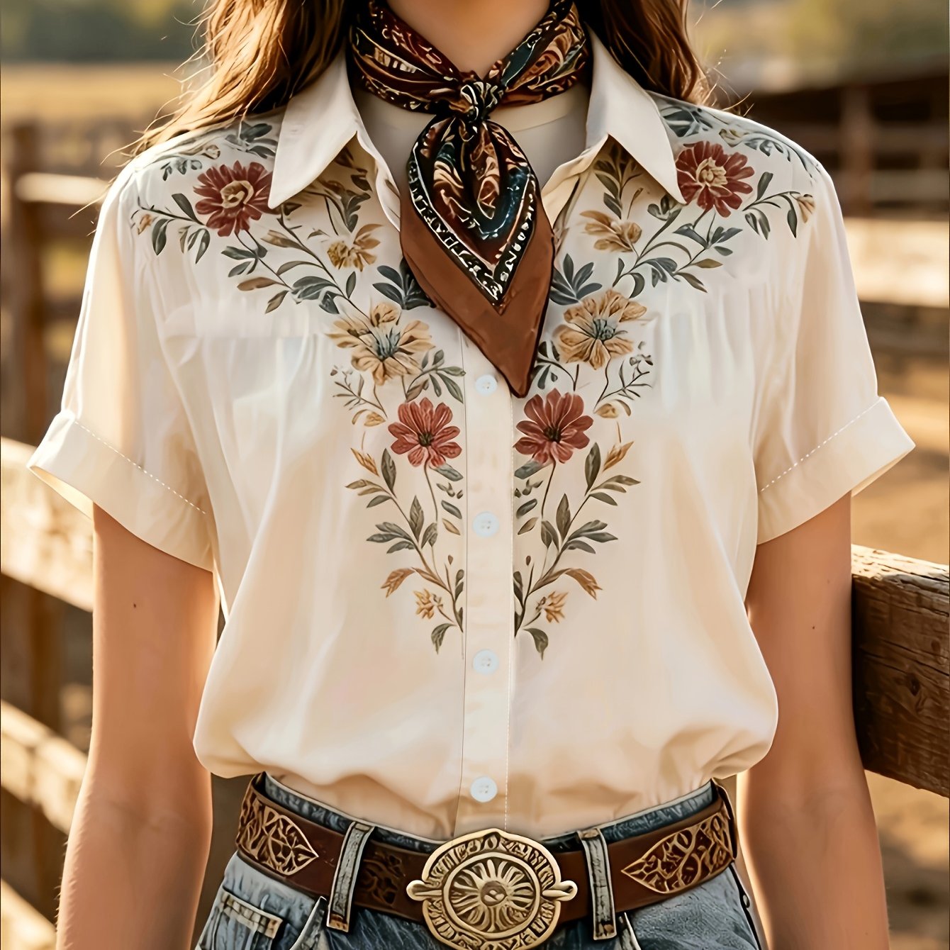 TEMU Women's Short Sleeve Beautiful Shirt Fashion Casual All-match, American Western Cowboy Style Retro Watercolor Floral Branch Leaf Printed Short