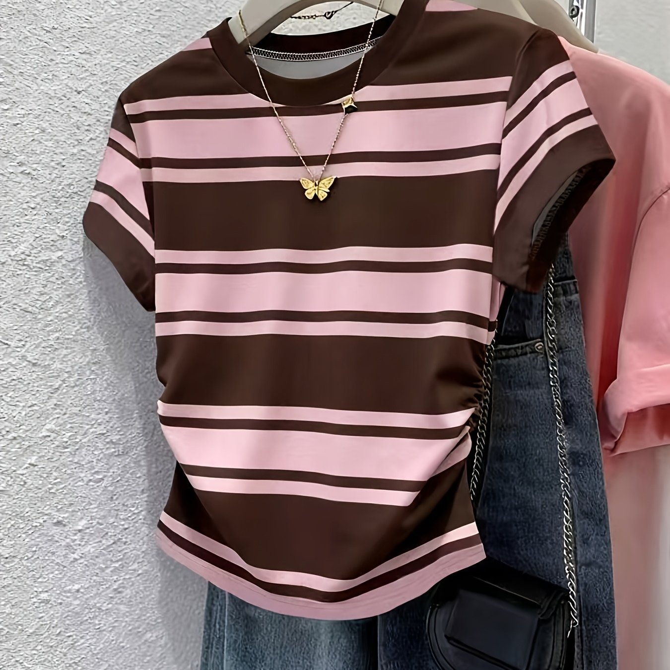 TEMU Summer European And Striped Short Sleeve T-shirt, Simple, Comfortable, Slim Fit, And Figure-flattering