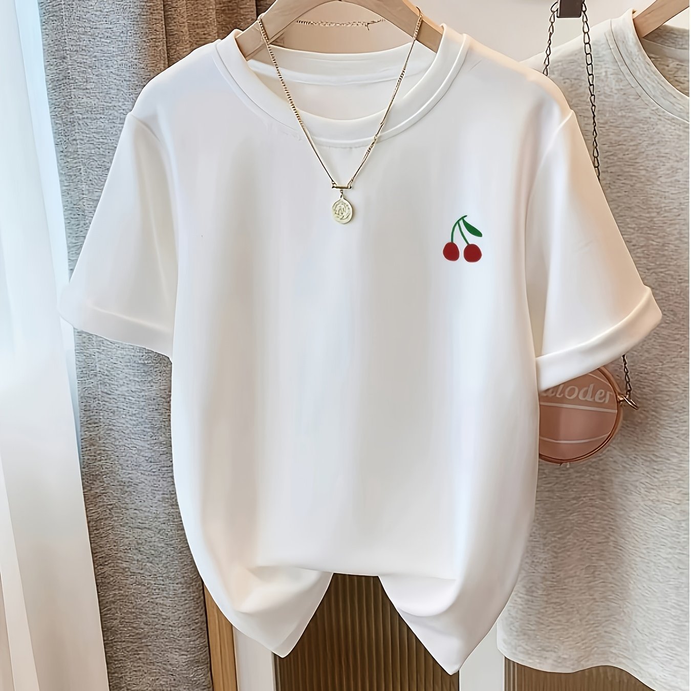 TEMU Women's 2026 Summer Short Sleeve T-shirt With New Cherry Print, Casual Loose-fit White Top With Crew Neck