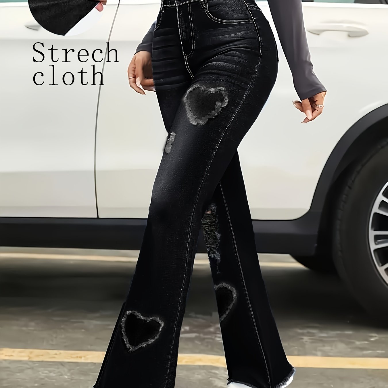 Style Surfing Design Spliced Exquisite Heart-shaped Embroidery Edge Hem High Waist High Elasticity Comfortable Sexy Slim Women's Straight-leg Jeans