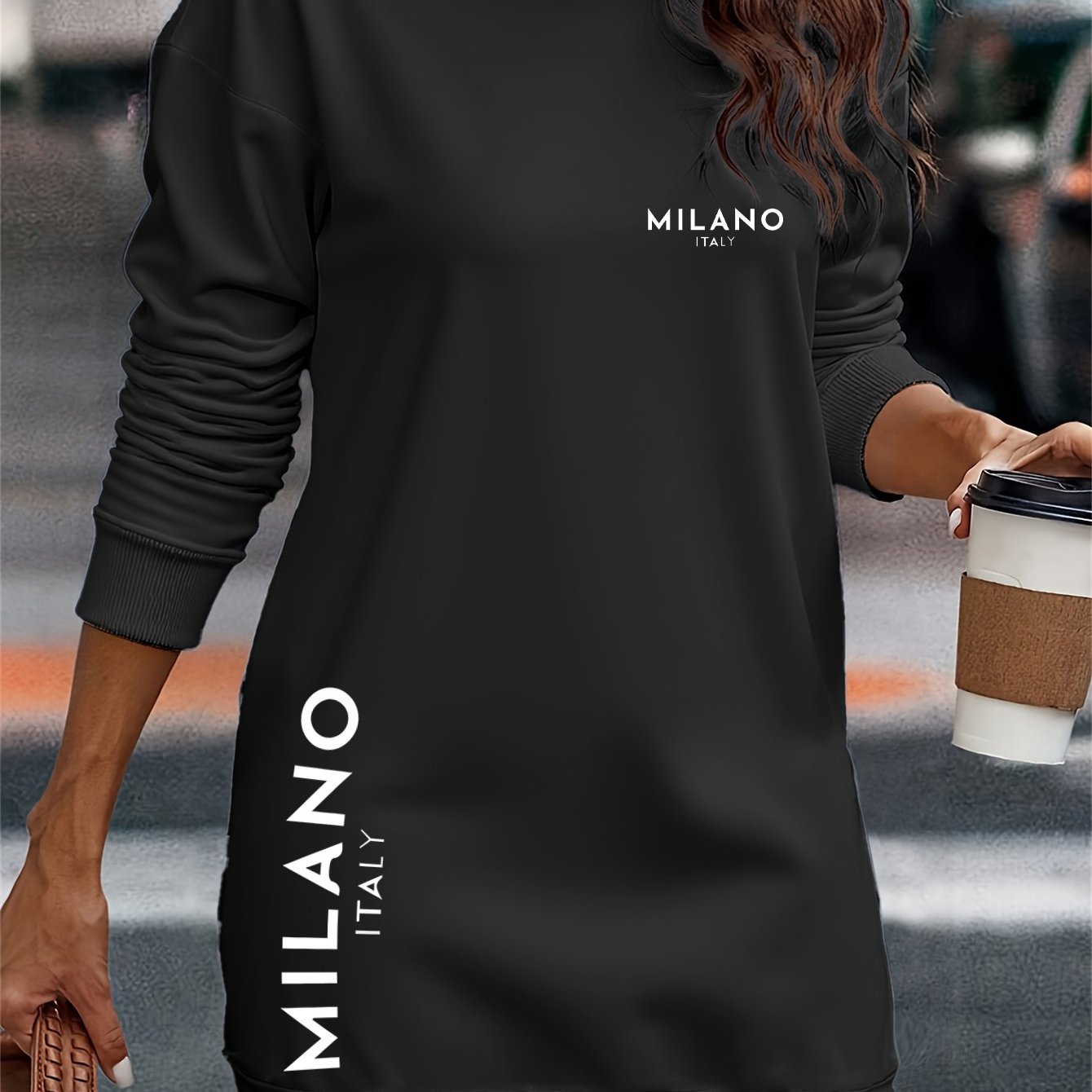 TEMU Women's Hooded Sweatshirt Dress - Hoodie & Dress With Elastic Hem & Cuffs, Soft Loose Fit, Italian-inspired Brand-like Lettering (e.g. ""),