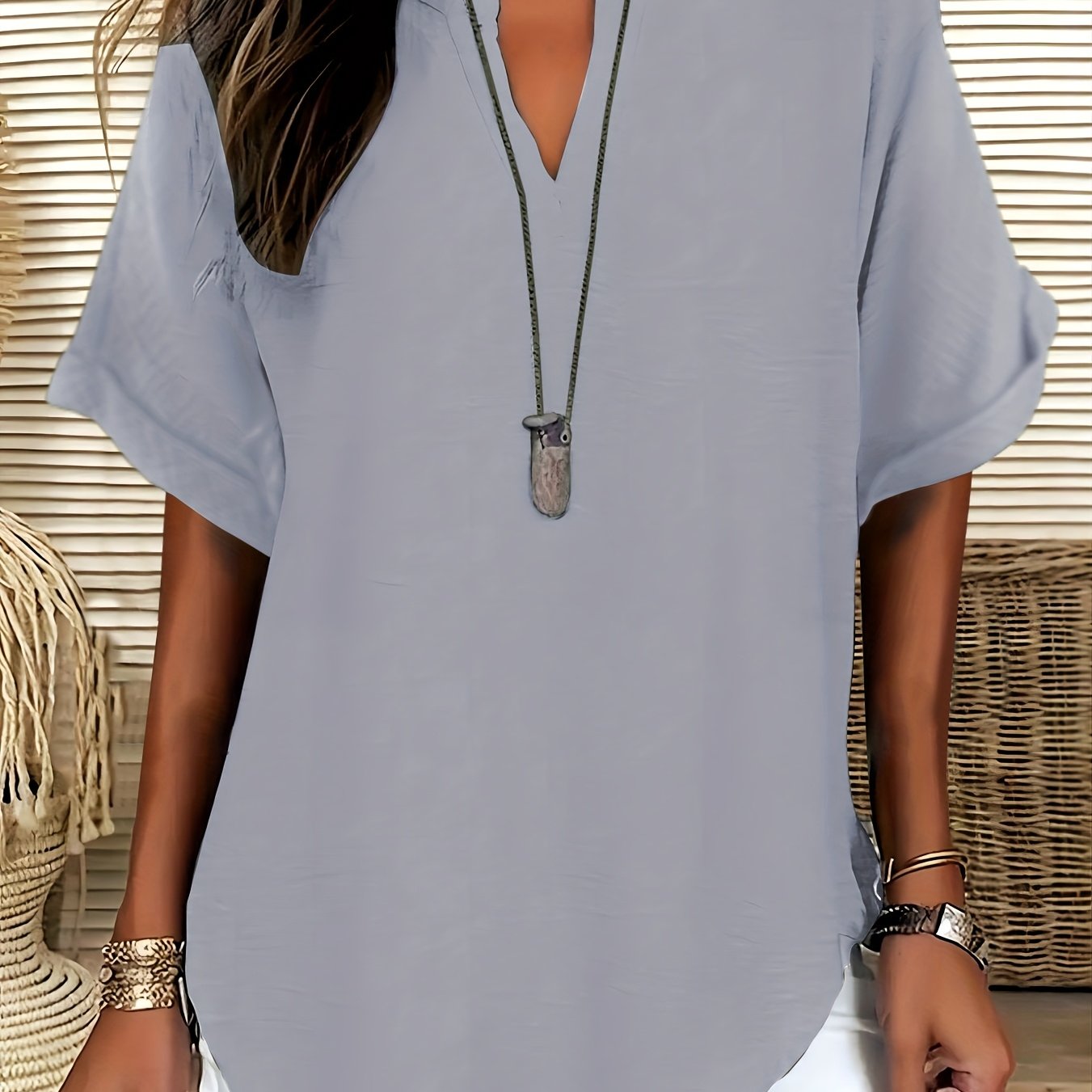 Women's V-neck Drop Shoulder Sleeves Solid Color Loose Short Sleeve Shirt Top
