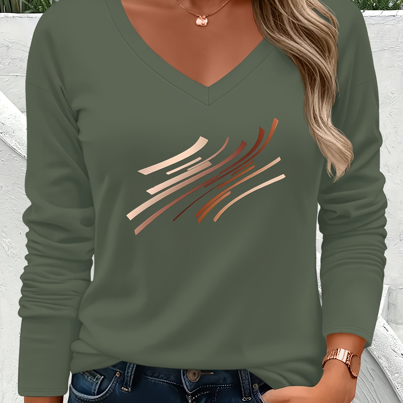 TEMU Pattern Print V Neck Long Sleeve Tee For Women, Daily Versatile Slim Base Top