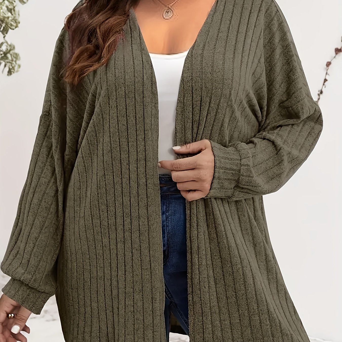 TEMU Plus Size - Autumn And Winter Casual Comfortable Elegant Plus-size Women's Long-sleeve Front-open Drop-shoulder Brushed Ribbed Cardigan
