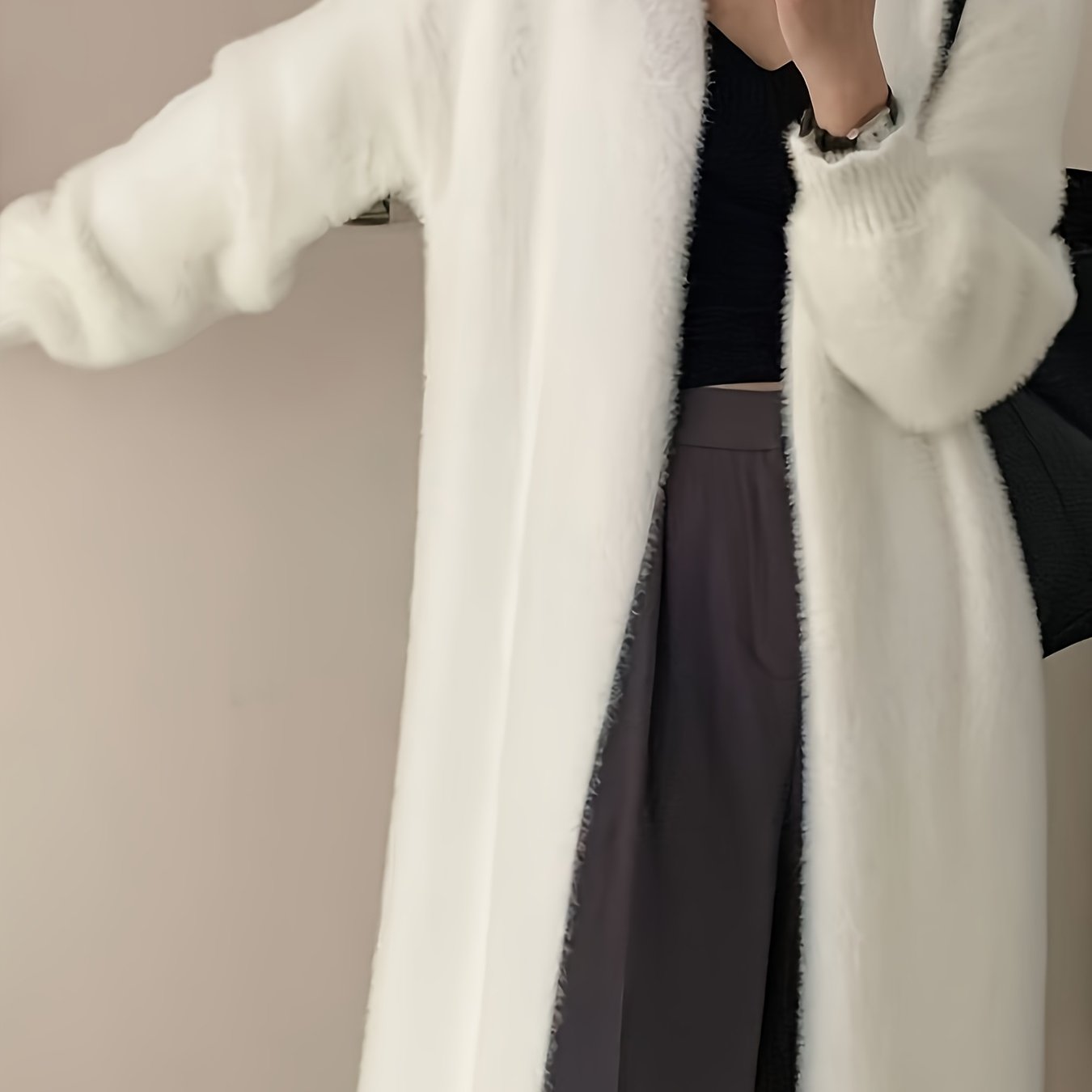 Image of 2025 Spring Mid-length Mink Plush Loose Casual Sweater Cardigan, Casual Solid Color Stretch Jacket, Elegant Temperament Long Sleeve Cardigan Top