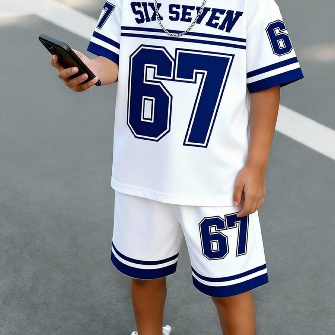 2pcs/set Boys' Casual Stylish Number "67" Cartoon Print Short Sleeve T-shirt And Shorts Set, Comfortable Daily Wear For Spring, Summer & Autumn, Perfect For Outdoor