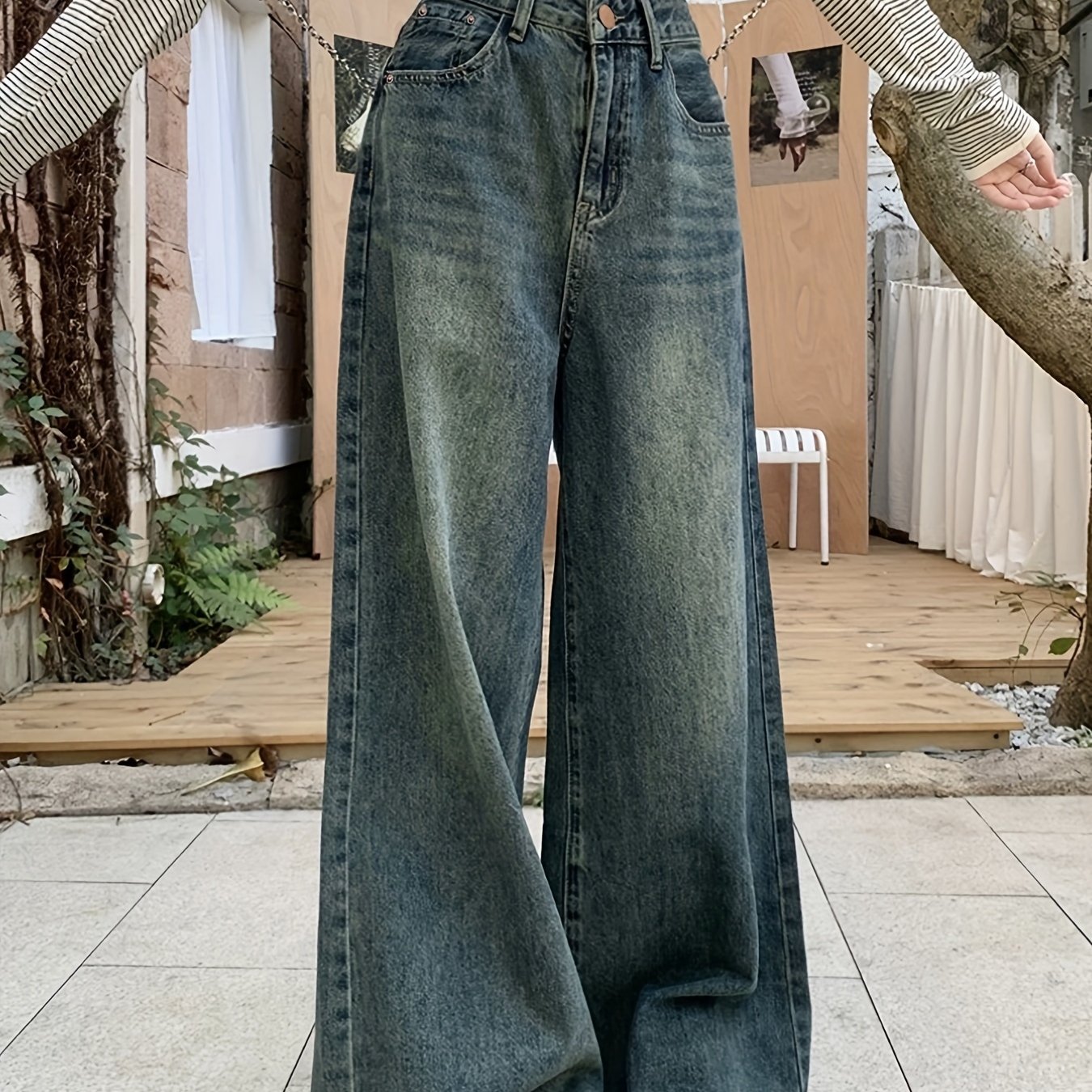 TEMU 【ベルト別売】レディース ファッション ＆アメリカンスタイル ヴィンテージ ルーズ ストレート ワイドレッグ フロア丈 ジーンズ