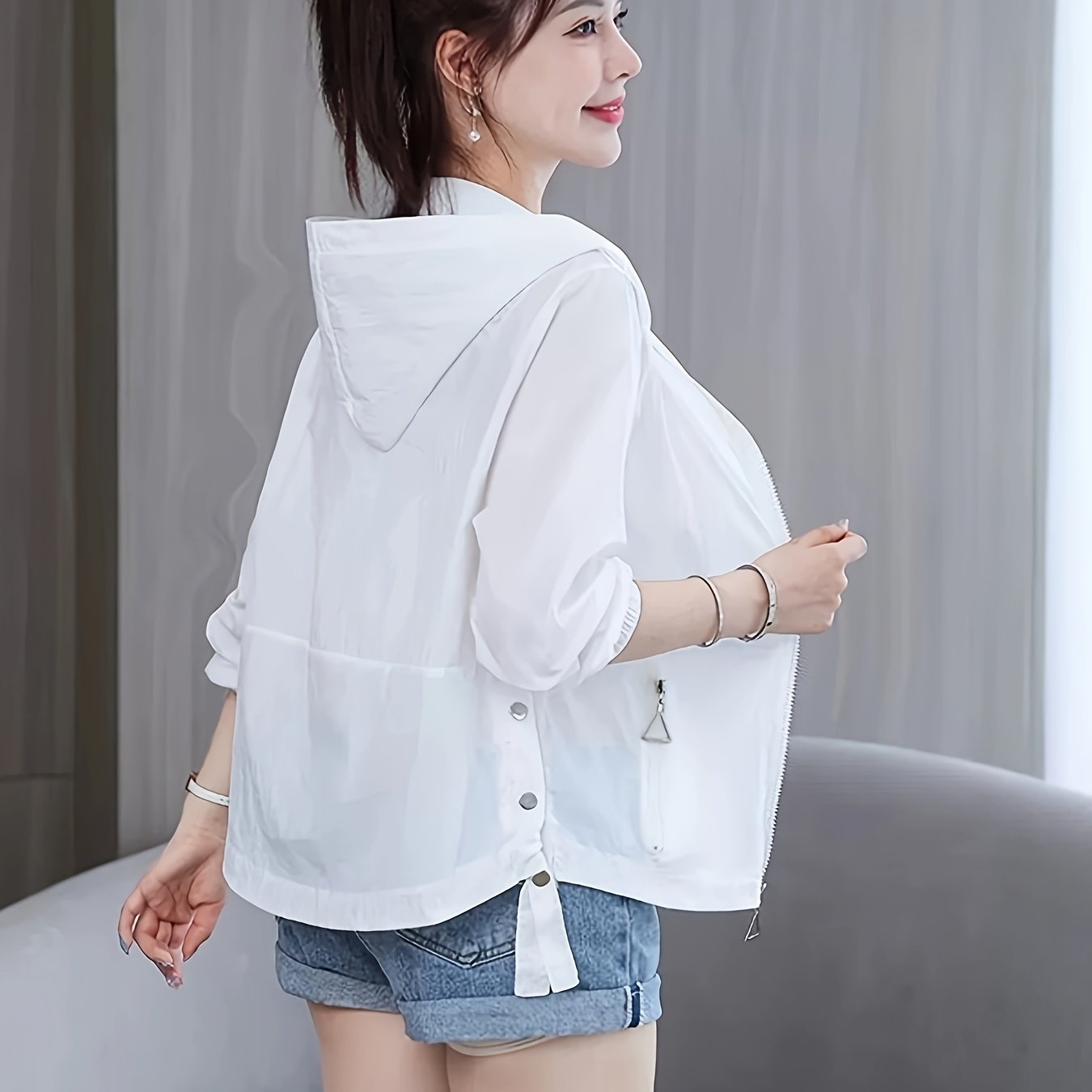 E-shop Damen Mode Casual Pendler Vielseitige Weiße Leichte Kurze Kapuzenjacke ASD1