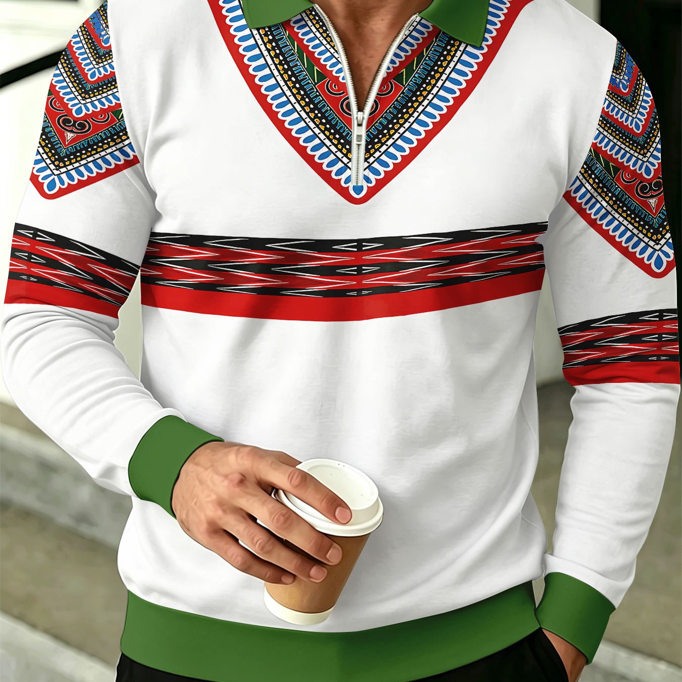 TEMU Men's Color-block Long Sleeve Shirt, 3d Printed Lapel Half-zip Casual Top, European And American Tribal Geometric Print, Versatile Men's Apparel