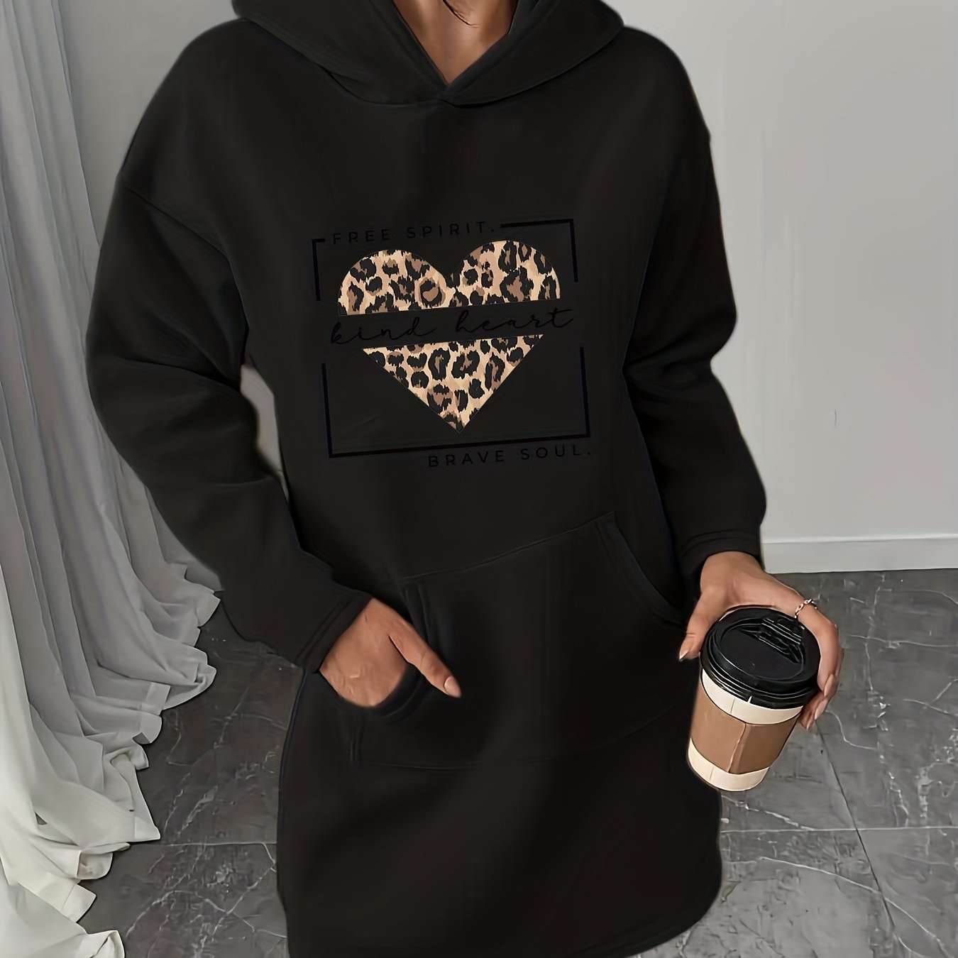 Image of Autumn And Winter Fleece Hoodie Dress With Fashion Trend Print Kangaroo Pocket, Women's Casual Dress, Women's Casual Hoodie