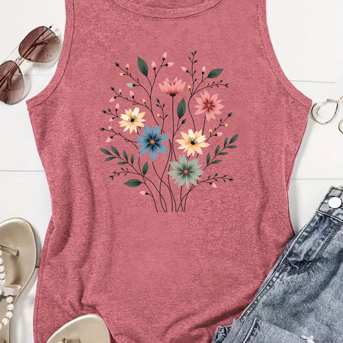 TEMU Elegant Party Women's Clothing Colorful Floral Pattern Print Round Neck Ladies Spring, Summer And Autumn Vest, Fashionable