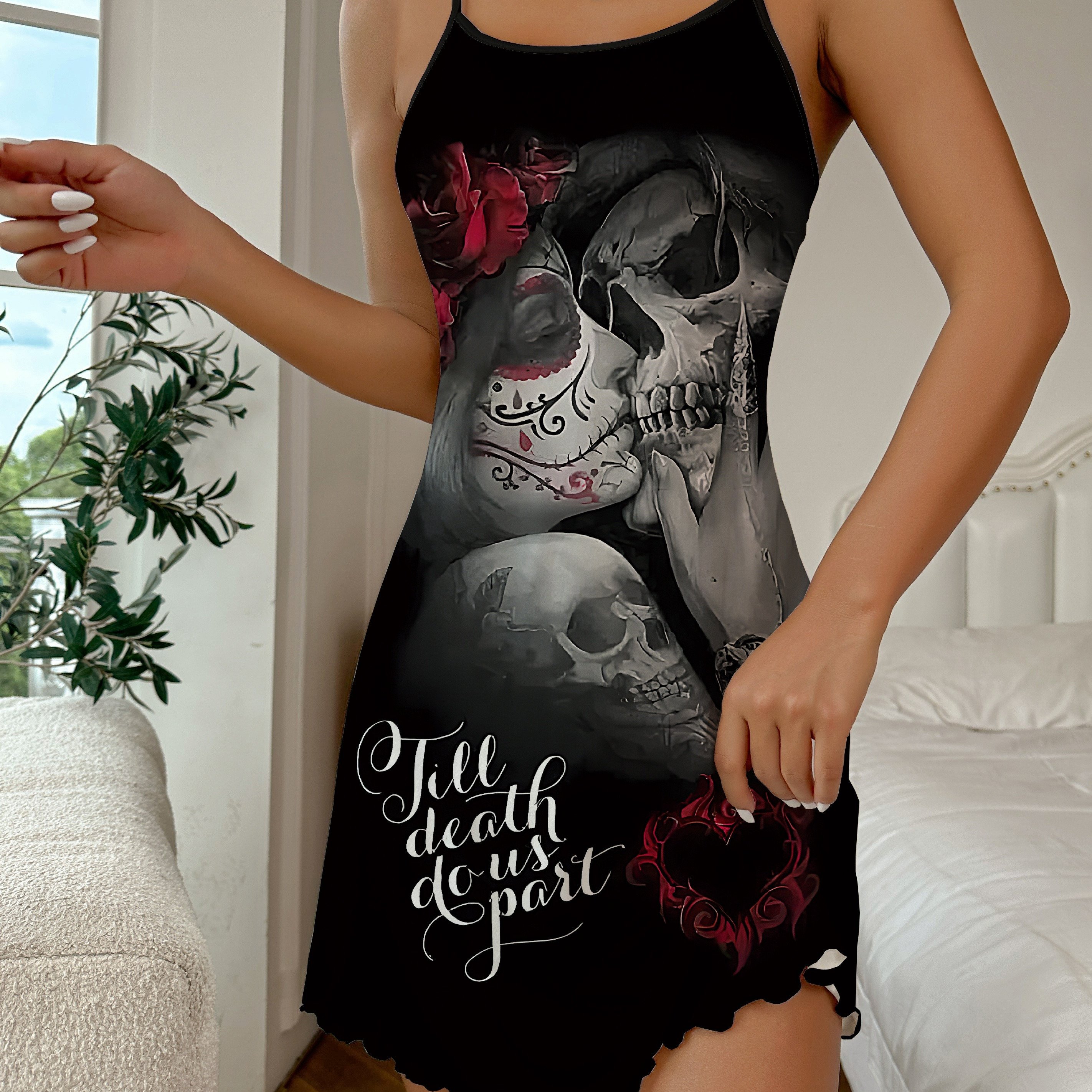 Heart Camisole Nightgown, Skull Dark Gothic Slip Dress