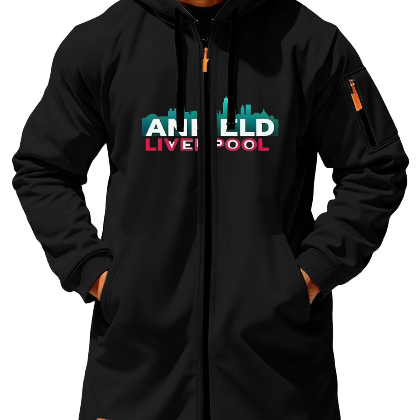 TEMU Men's Casual And Comfortable Hooded Long Coat City Theme Printed Full Zipper Cardigan Drawstring Hat Collar Loose Street Style Versatile Coat