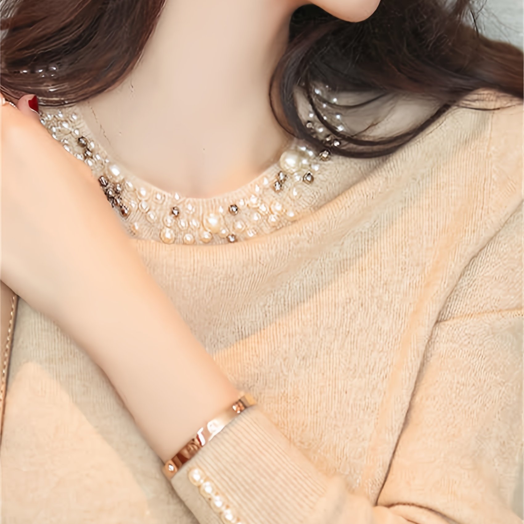 TEMU Women's Pearl Embellished Long Sleeve Crew Neck Sweater, Casual Knit Pullover Top, 25% Polyester 75% Viscose Blend, Medium Stretch, All Season Solid Color Knit Fabric, 350g/m² - Yellow