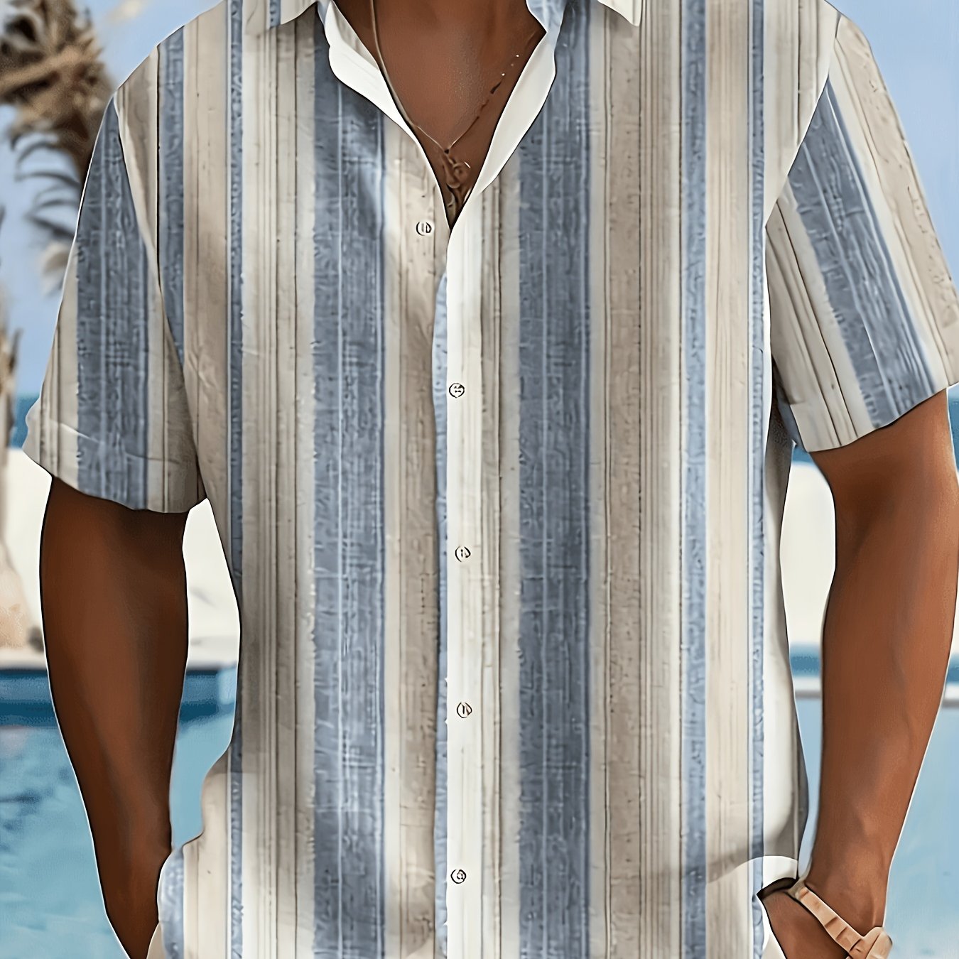 TEMU Men's Casual Striped Short Sleeve Shirt - 100% Polyester Lightweight Breathable Fabric, Loose Fit With Button-up Collar Design Print Pattern,