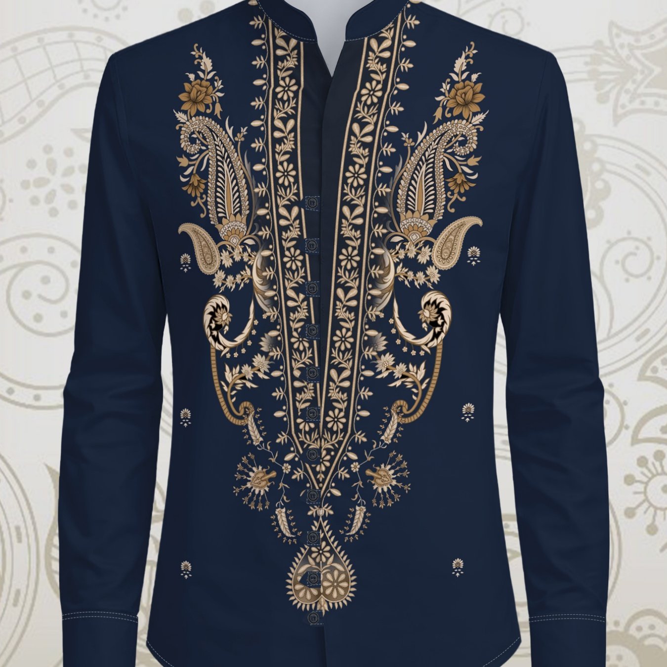TEMU Men's Stand Collar Long Sleeve Shirt With Stand Collar & 11-button Button - Paisley Print Button-front Top, Machine Washable Suitable For Summer