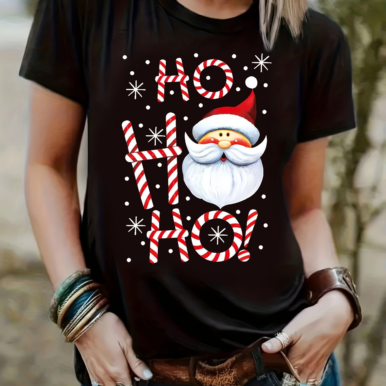 TEMU Santa Claus Graphic Women's T-shirt - Casual Crew Neck, Short Sleeve, Stretchy Polyester Blend, Machine Washable - Christmas & , Christmas Shirts