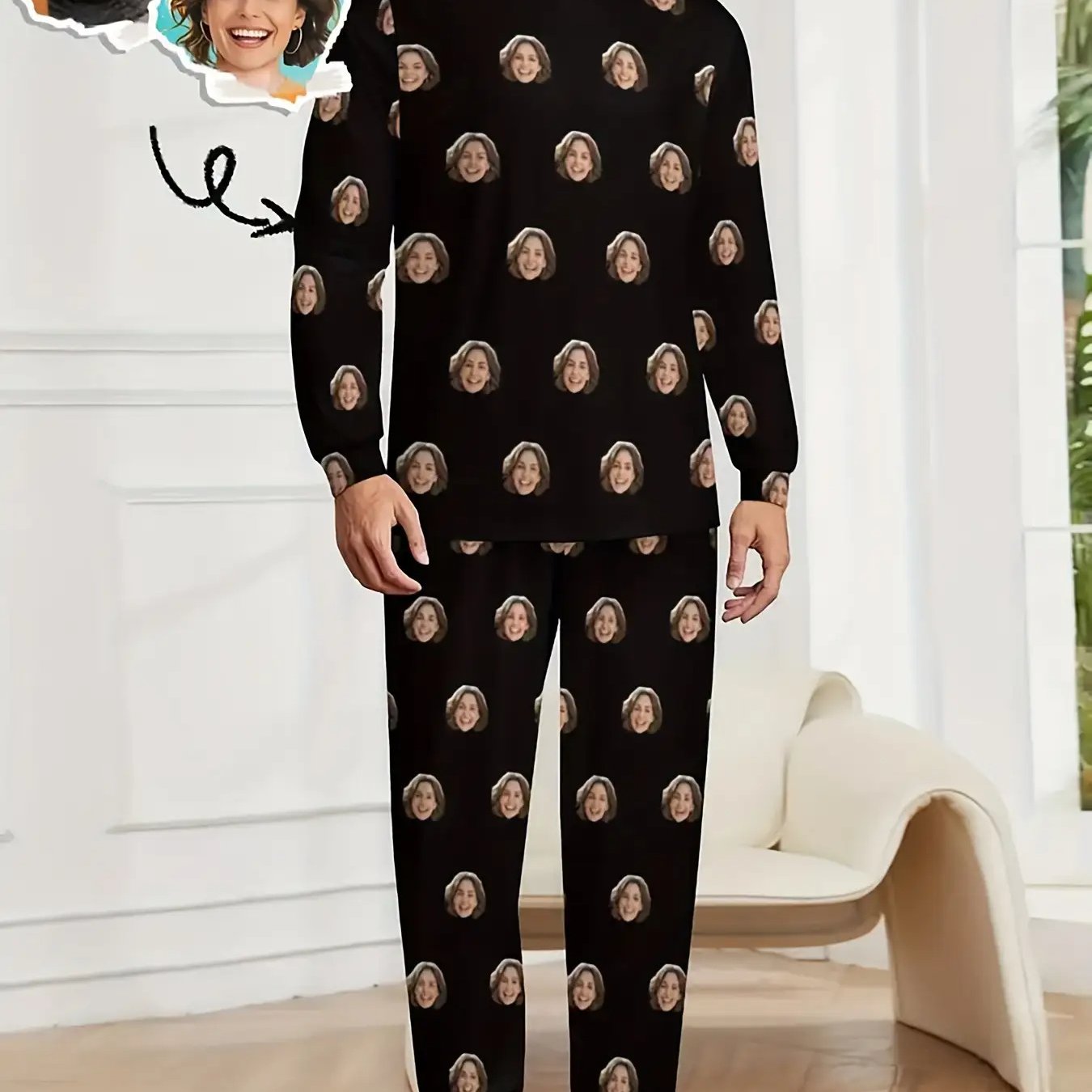 TEMU Customized Face Photo Men's Pajama Set- Comfortable Long Sleeve Crew Neck Top And Long Pants, Personalized Pajama Gift For Husband, Dad,