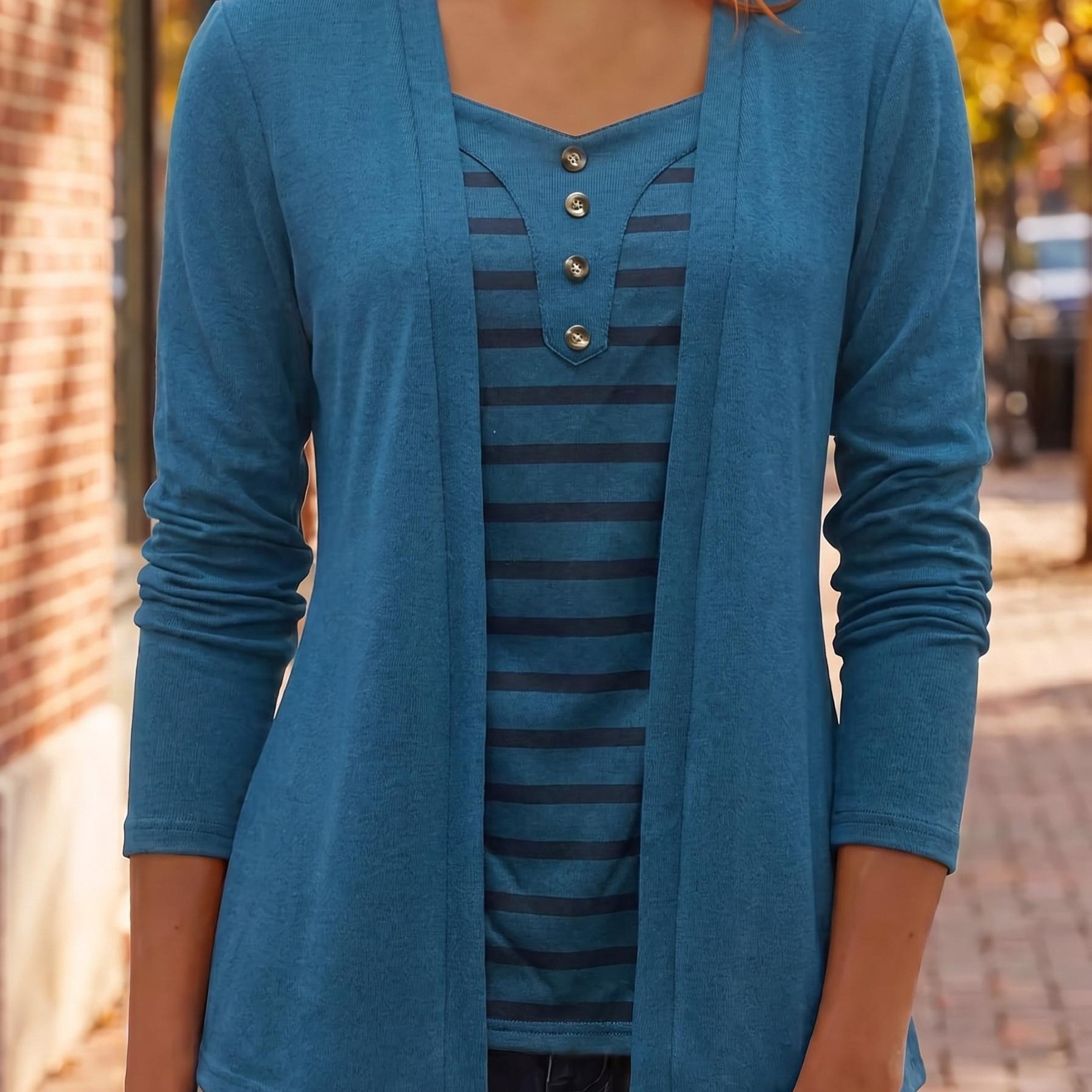 TEMU Women's Fashionable Casual Comfortable Simple Pullover Striped Contrast Color V-neck Decorative Button Long Sleeve Women's 2-in-1 Look Long Top
