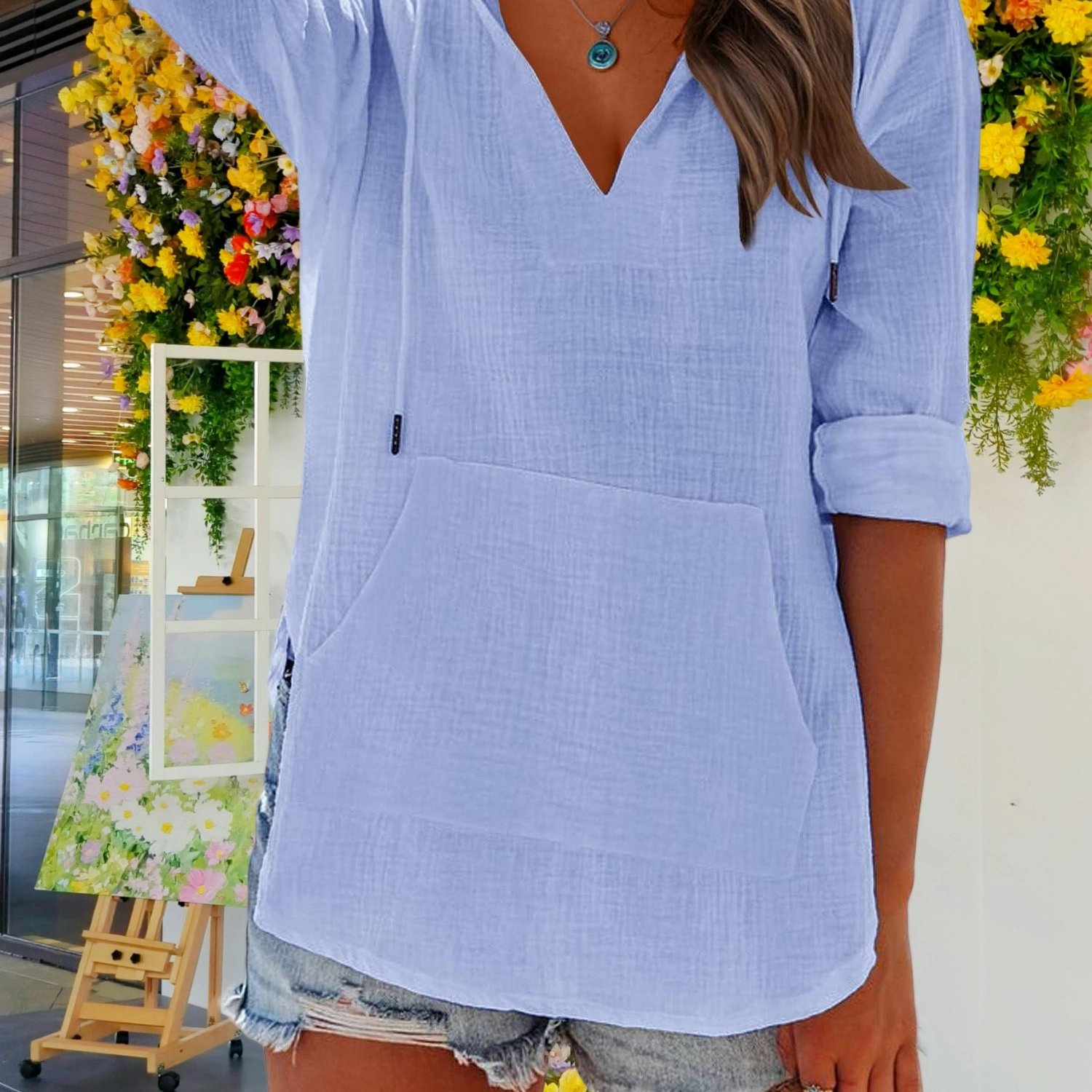 Ladies' Beach Hooded Cover-up - Long Sleeve V-neck Solid Top Featuring Pockets And A Split Hem