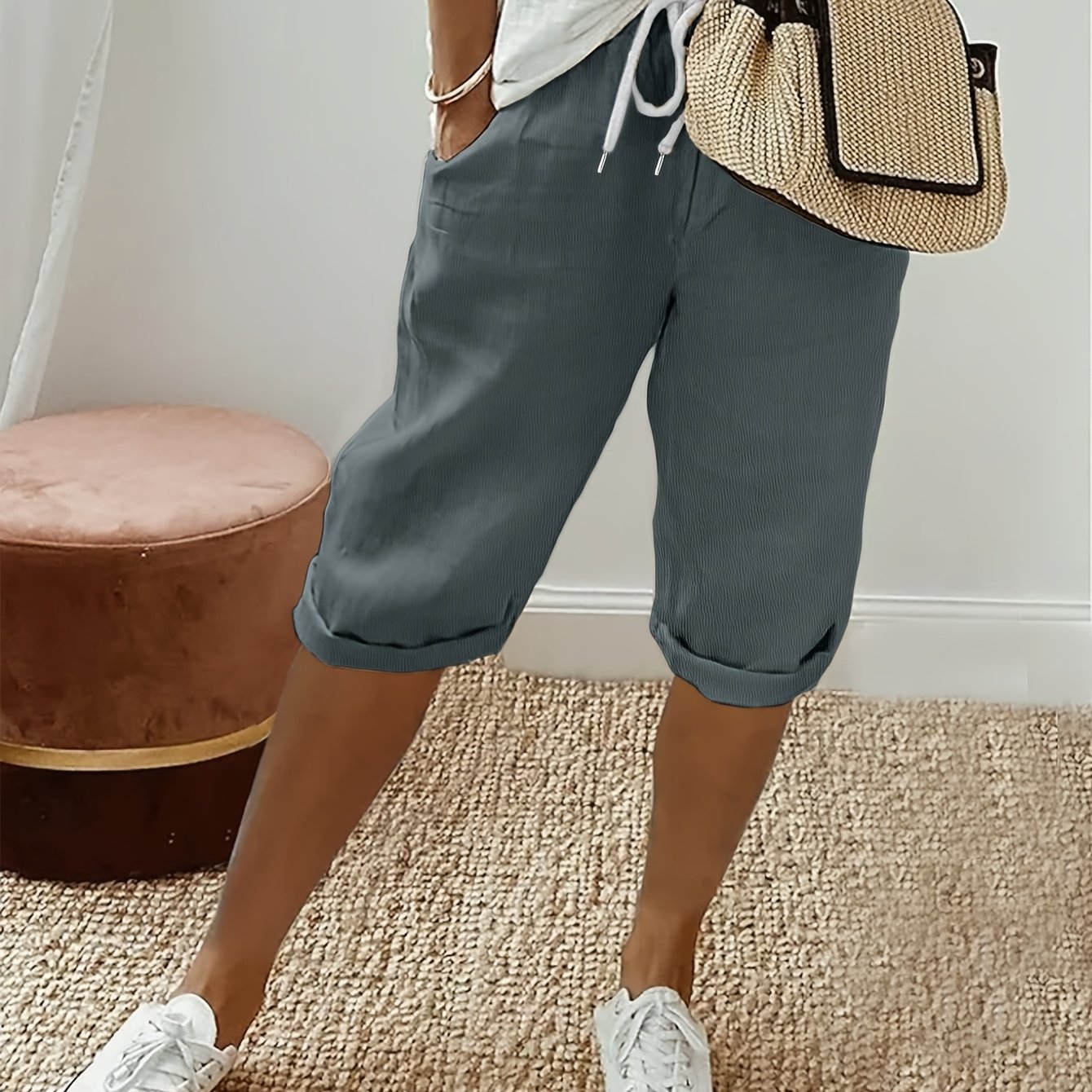 E-shop Damens Freizeithose in Unifarben mit Kordelzug, Mid-Length und – Maschinenwaschbarer Nicht-Dehnstoff für Ganzjahres- & Vielseitige Kleidung,