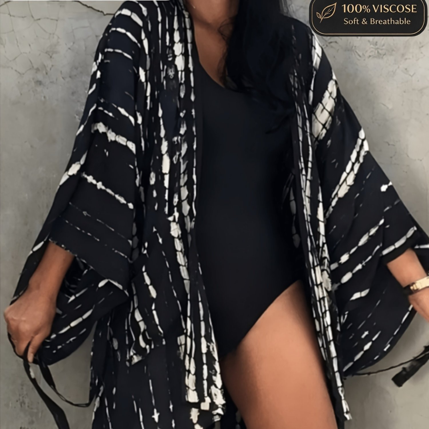 Image of Women's Summer Bohemian Beach Style Striped Printed Vacation Dress Casual Group Belt Bikini Cardigan