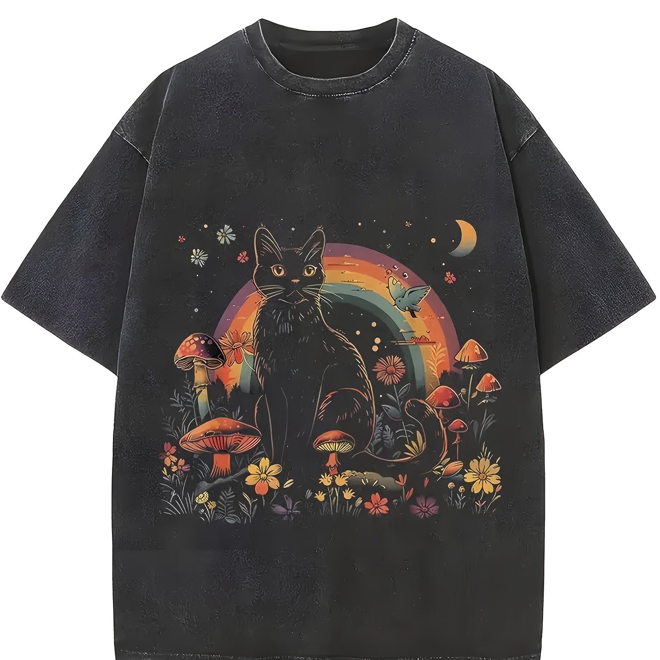 TEMU Washed T-shirt, Hippie Mushroom Flower Bohemian Cute Cat Print, High-quality Wax Printed, Machi0138 Hip Hop Streetwear Style, Soft Texture,