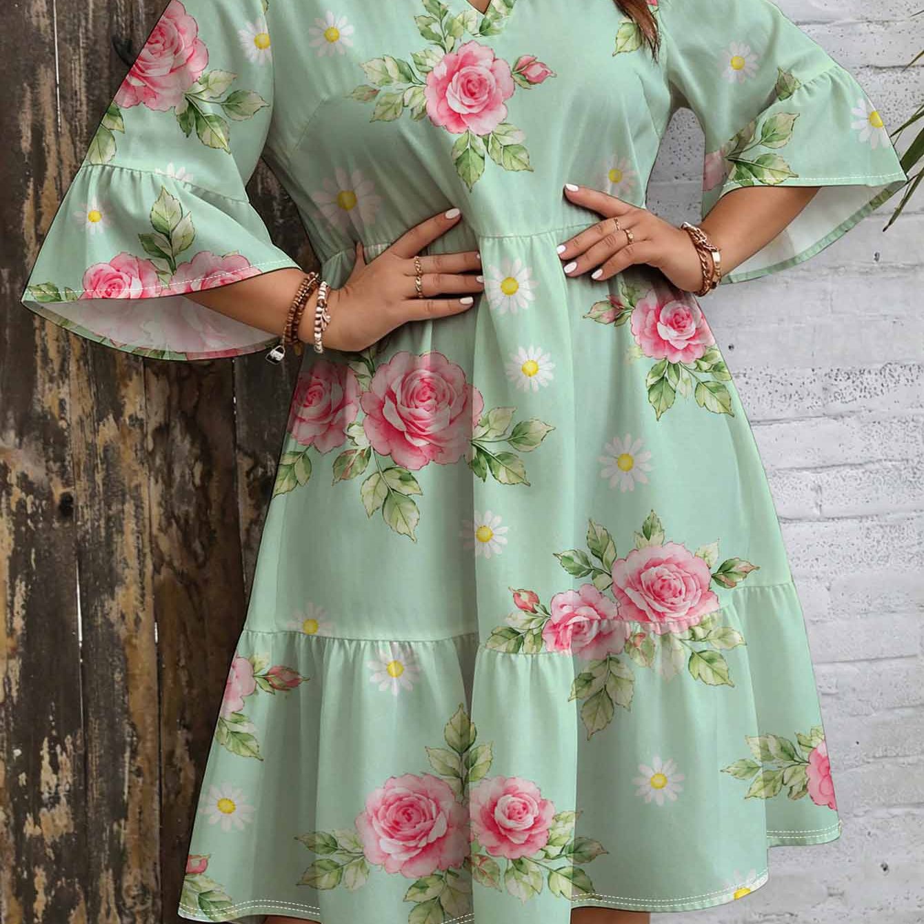 Image of Plus Size Rose Daisy Floral Print Dress For Women. V-neck. Bell Sleeves. Layered Skirt. Loose Fit Colorful Elegant Bohemian Chic Dress. Perfect Outfit
