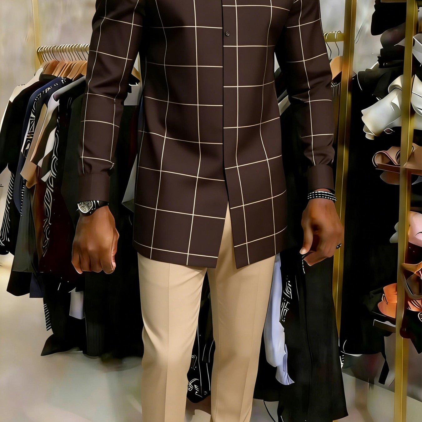 Image of Men's 2pcs Middle Eastern Shirt Set- Long-sleeved Shirt With Straight-leg Trousers, Geometric Print Shirt Set, Suitable For Casual Attire, Dates, Or As A Gift. A Must-have Casual Men's Set For .