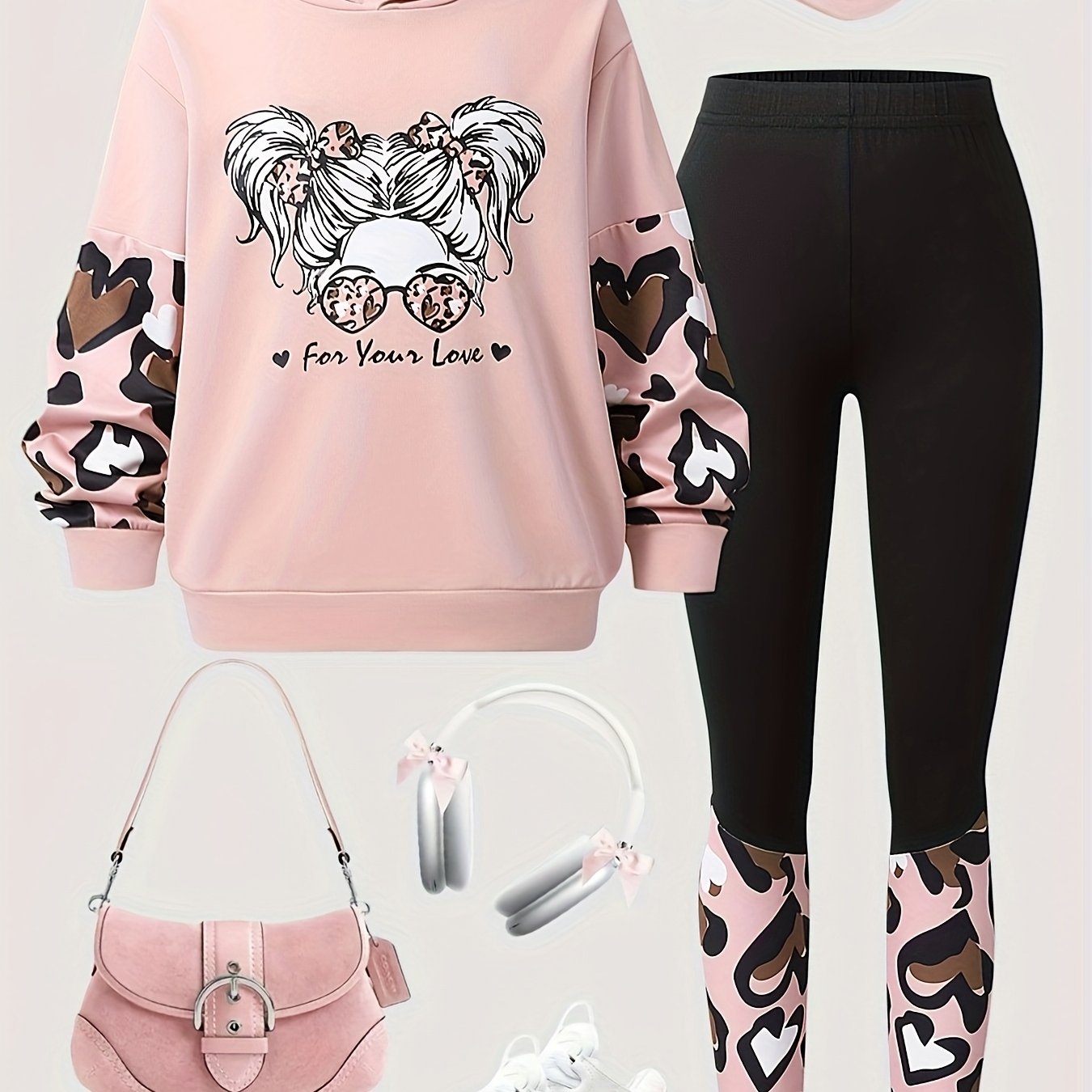 Image of Girls' Casual Fashionable Sweet Hooded Sweatshirt & Long Pants Set For Spring, Autumn, Winter