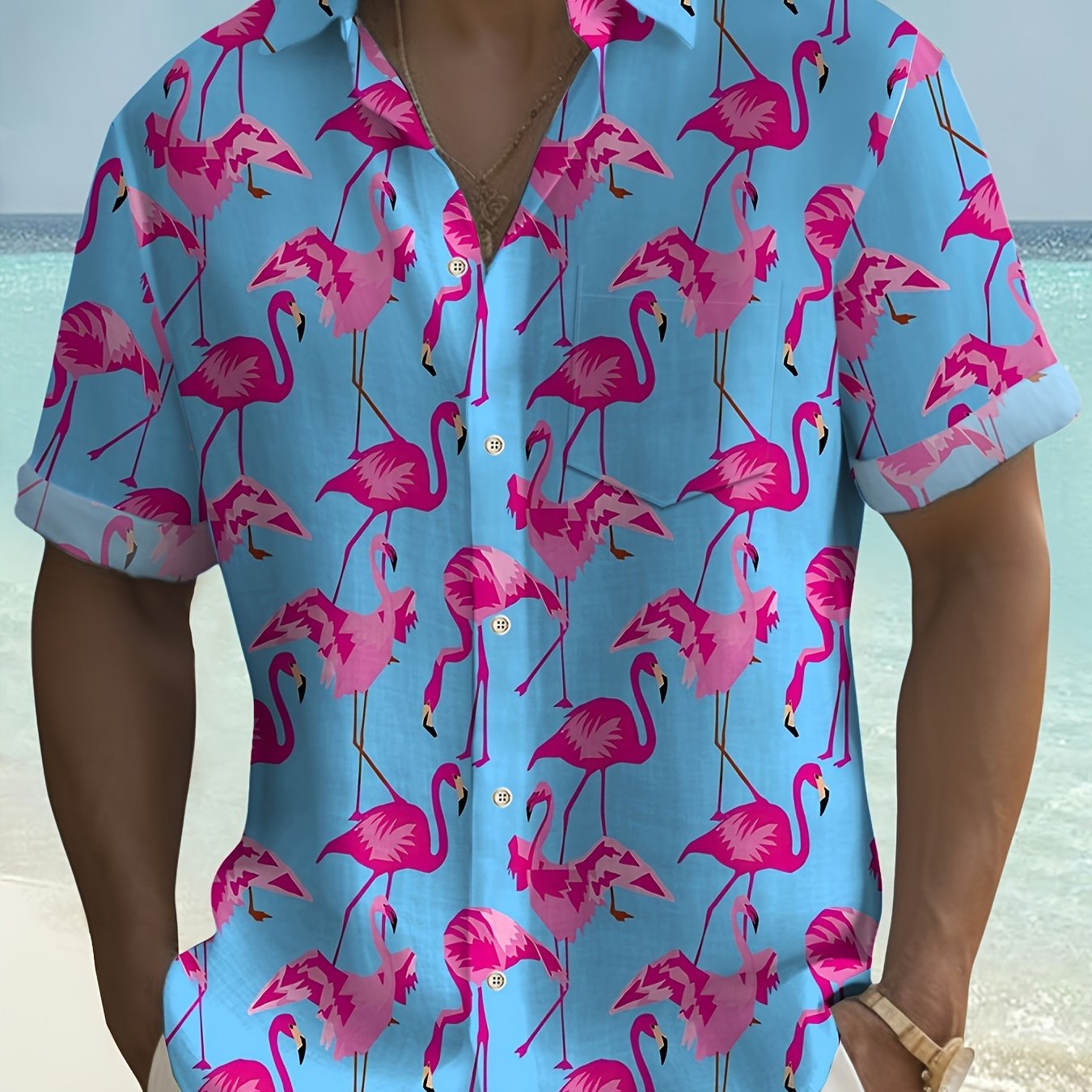 Image of Plus Size Men's Flamingo Graphic Print Shirt For Summer, Hawaiian Short Sleeve Shirt For Males