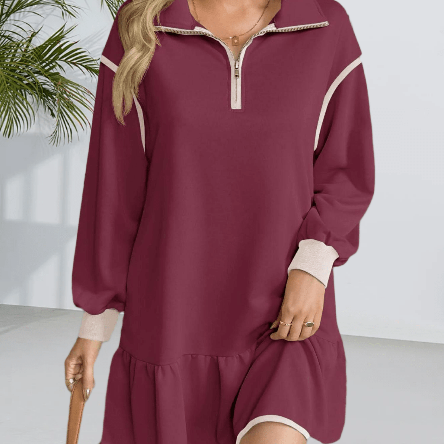 Women's Oversized Quarter Zip Sweatshirt Dress - Casual Long Sleeve Ruffle Hem Mini Pullover