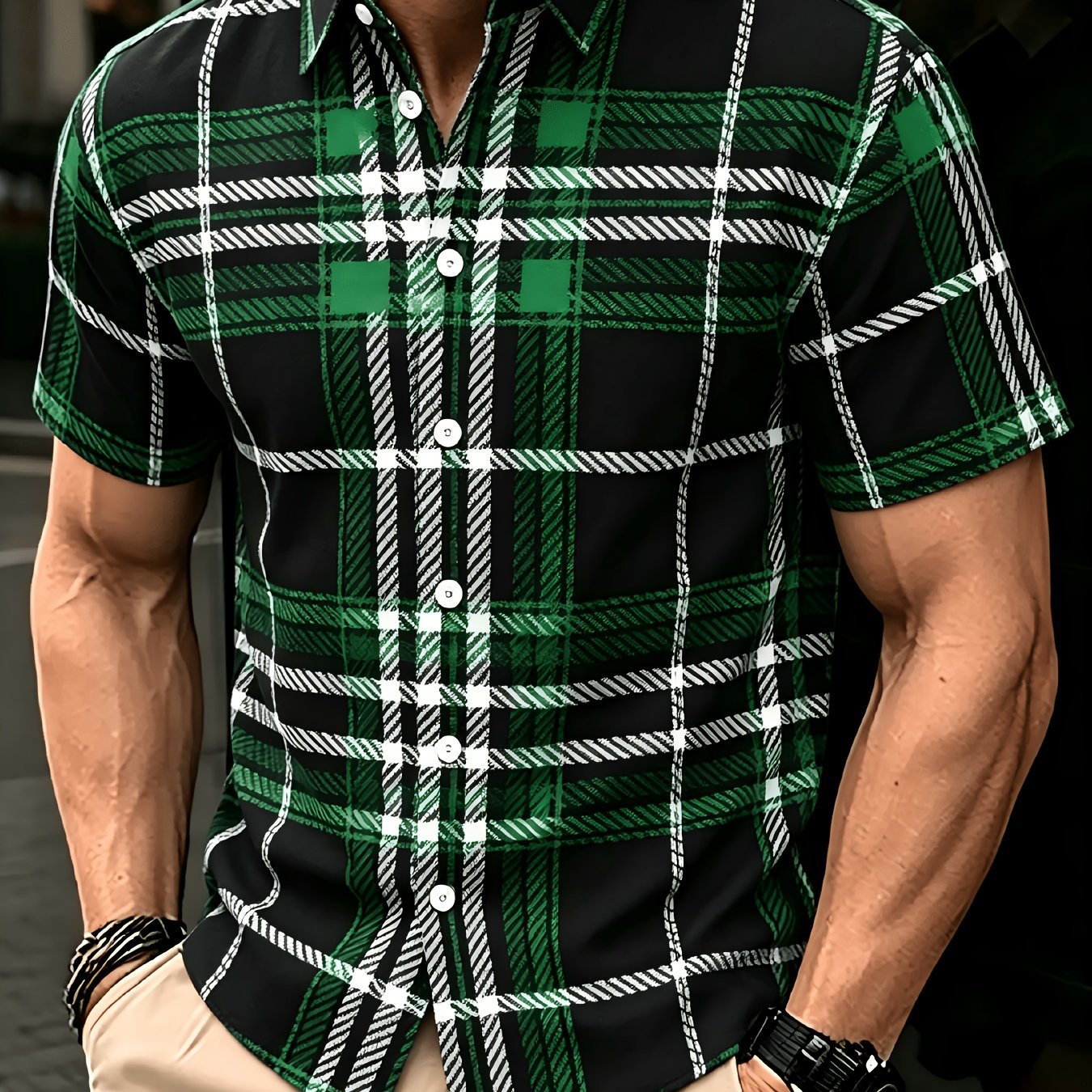 TEMU A New Short-sleeve Shirt Featuring A Checkered Pattern, Designed In A Easy And With Green, White, And Black . This Casual Button-up Top Is And