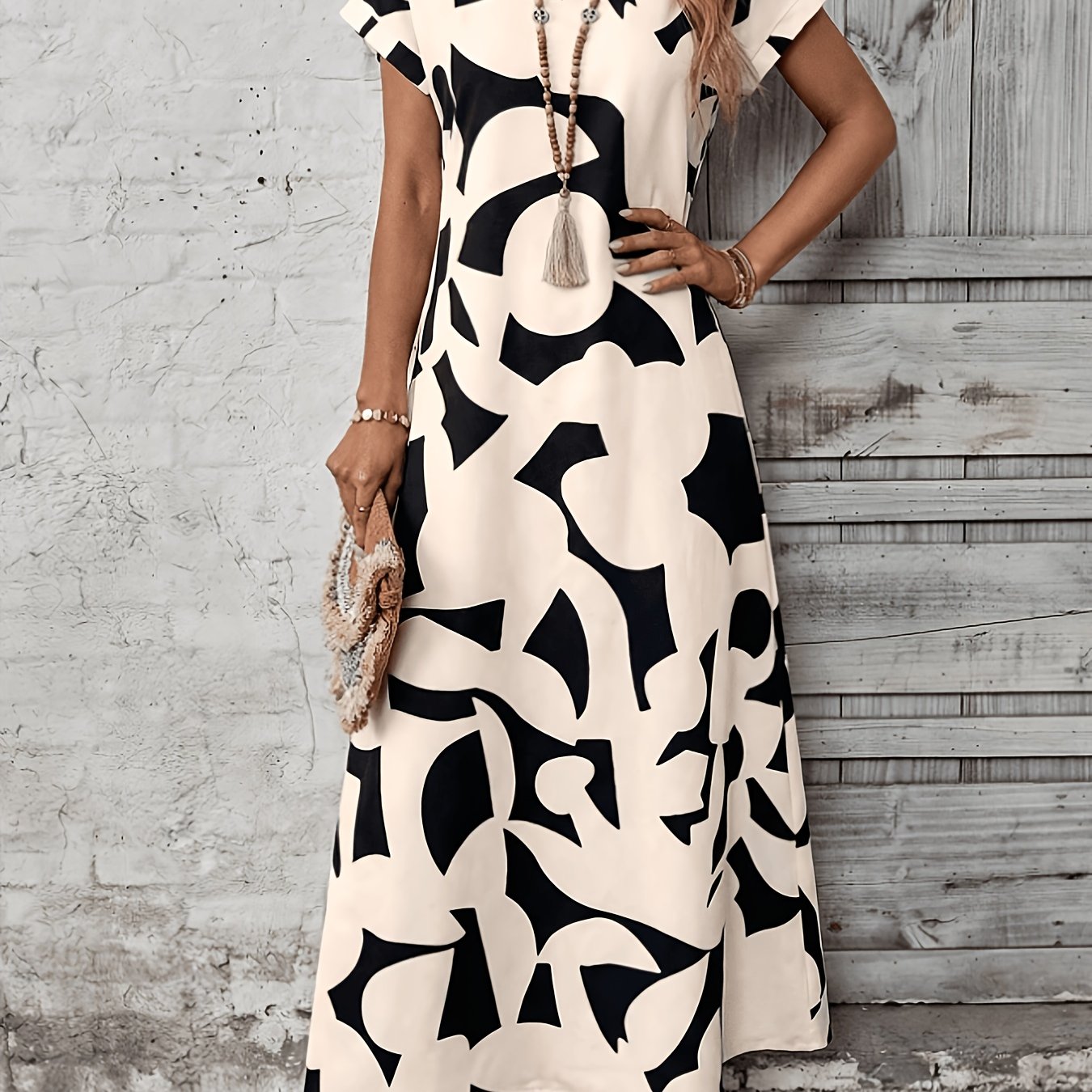 TEMU Easy Style Geometric Elegant Printed Round Neck Loose Casual Long Dress