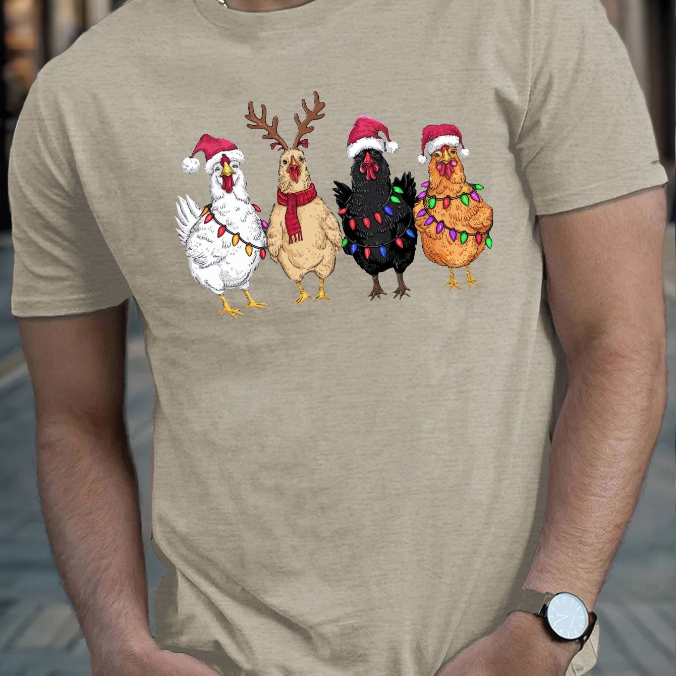 TEMU Men's Christmas Chicken Print T-shirt, Casual Crew Neck Short Sleeve Tee, 100% Polyester Knit Fabric, Slight Stretch, Regular Fit, Summer Season