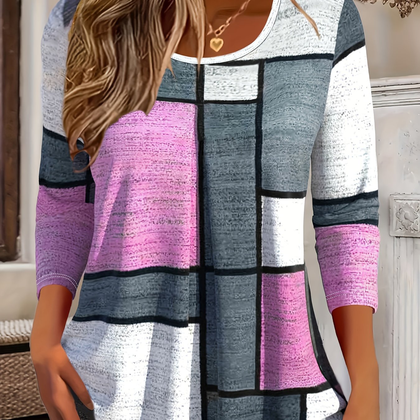 TEMU Plus Size - Plus Size - Fall Winter Style Plus Size Women's Color-block Long Sleeve T-shirt Casual Loose Geometric Print Top