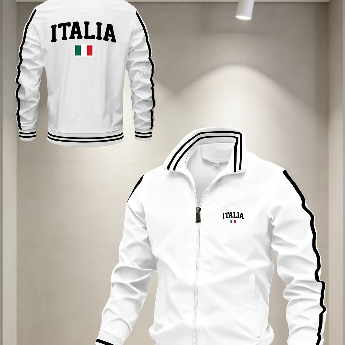 TEMU Veste légère preppy avec imprimé lettres ITALIA - Col avec fermeture éclair sur le devant, design d'inspiration italienne, convient pour les
